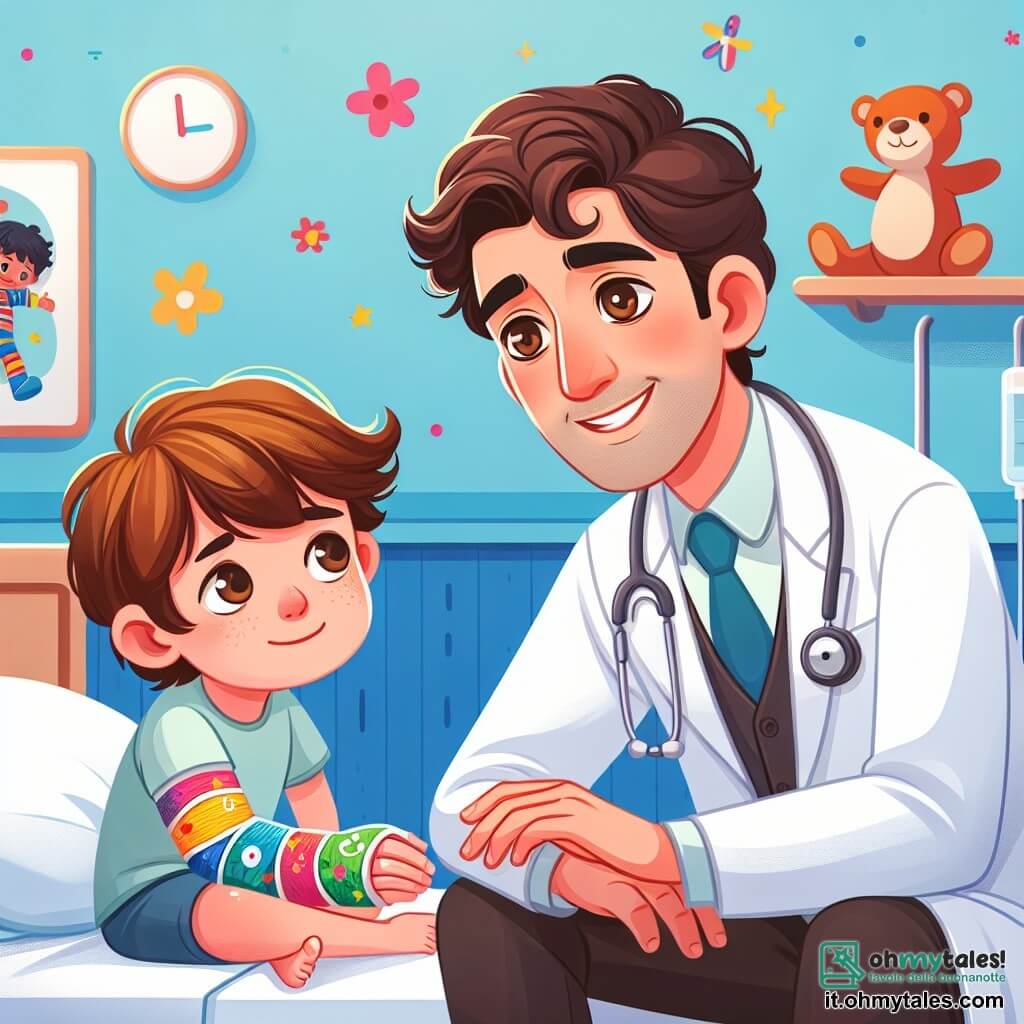 Un medico di nome Marco è rappresentato con un sorriso caloroso, indossando un camice bianco impeccabile e uno stetoscopio attorno al collo. Ha capelli castani leggermente ricci e occhi brillanti di benevolenza, mentre si china verso un giovane ragazzo, Matteo, che ha circa nove anni. Matteo, con capelli castani e occhi curiosi, è seduto su un letto d'ospedale, con un braccio avvolto in un gesso decorato con disegni colorati. L'ambientazione è in una stanza d'ospedale luminosa e accogliente, con muri dipinti di azzurro chiaro e illustrazioni di personaggi dei cartoni animati appese, creando un'atmosfera gioiosa e rassicurante. Giocattoli e libri sono sparsi per la stanza, aggiungendo un tocco di calore e comfort. La scena principale mostra Marco mentre rassicura Matteo, spiegandogli con entusiasmo come presto potrà tornare a giocare a calcio, mentre la madre di Matteo, una donna di circa trent'anni con lunghi capelli castani, sta accanto a lui, sorridendo con orgoglio e sollievo.