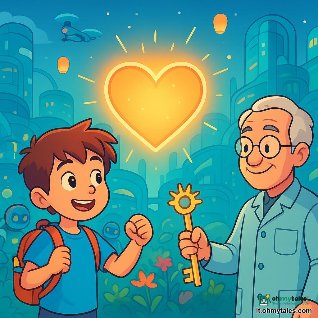 Un ragazzo di 8 anni, con i capelli castani in disordine e occhi pieni di curiosità, si trova davanti a un grande cuore luminoso, il Nodo, al centro di una città futuristica. Indossa una maglietta blu vivace e uno zainetto pieno di strumenti colorati, mostrando un'espressione determinata ed entusiasta. Accanto a lui, un tecnico di circa 50 anni, con occhiali rotondi e un camice da lavoro, osserva il ragazzo con un sorriso benevolo, tenendo una chiave brillante in mano. Sullo sfondo, robot dalle forme arrotondate annaffiano piante multicolori in giardini sospesi, mentre lanterne fluttuanti illuminano la scena con una luce soffusa. La città è piena di edifici trasparenti dalle forme organiche, con strade aeree e droni che volano come uccelli. Il ragazzo si prepara a compiere un gesto coraggioso per risvegliare il Nodo addormentato, pronto a portare la magia della musica nella sua città.