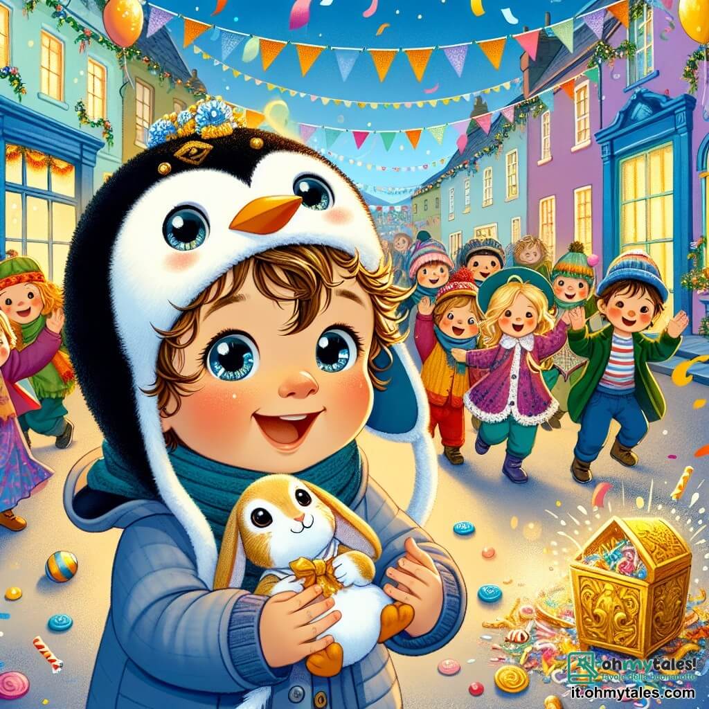 Un bambino di un anno, con grandi occhi brillanti e capelli ricci, indossa un carino cappello a forma di pinguino. Sorride con meraviglia, tenendo un piccolo coniglio di peluche tra le braccia. Accanto a lui, un gruppo di bambini di 5-7 anni, tutti in costumi colorati, ballano gioiosamente, i loro volti illuminati dalla gioia del carnevale. Il luogo è una strada animata di un villaggio, decorata con festoni dai colori vivaci, palloncini fluttuanti e coriandoli che cadono dolcemente dal cielo blu. Al centro dell'immagine, il bambino e il suo coniglio scoprono un grande scrigno dorato, scintillante sotto il sole, circondato da caramelle e giocattoli, simbolo della magia e dell'avventura del carnevale.