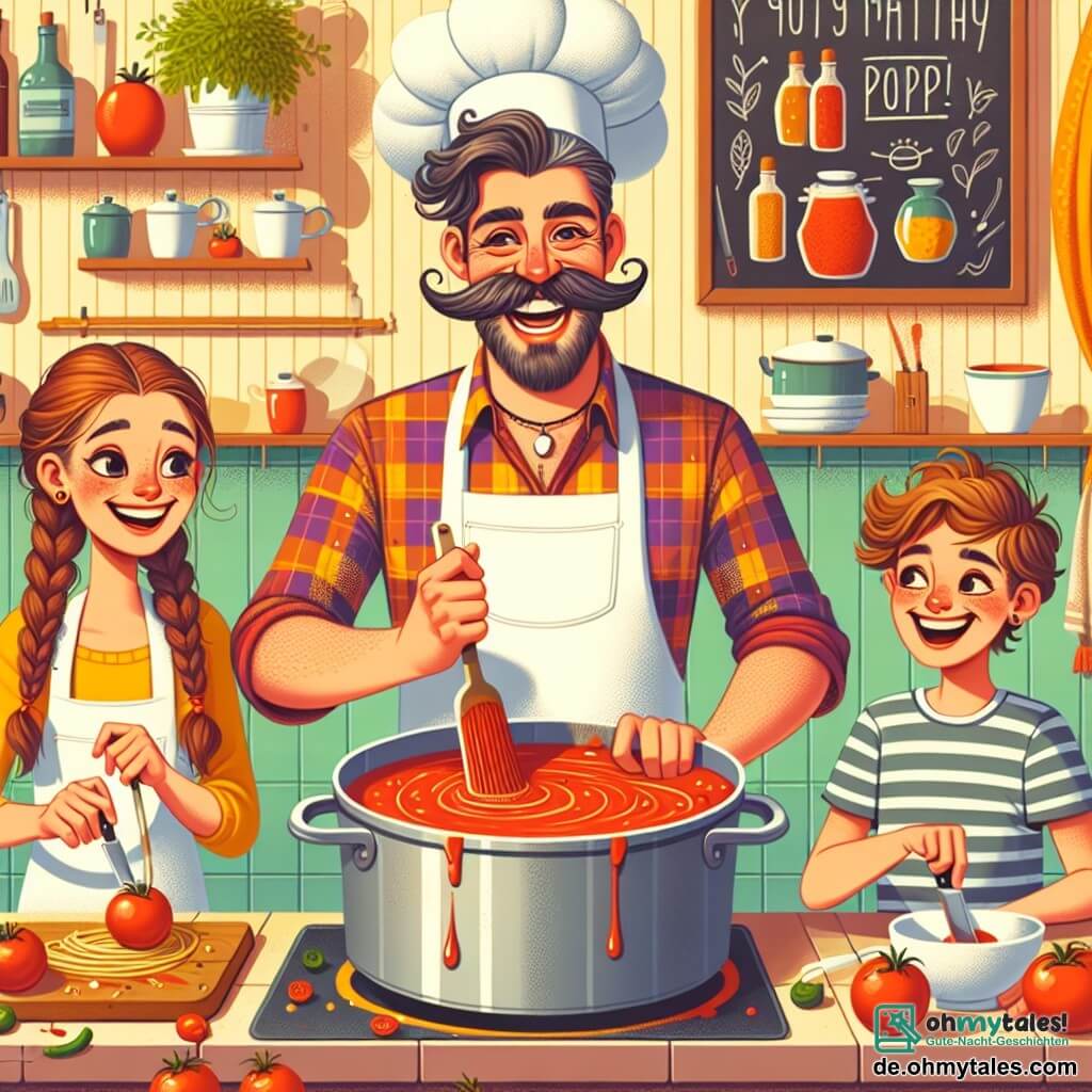 Ein Mann, der Küchenchef Herr Müller, steht im Mittelpunkt des Bildes, lächelt mit einem großen Schnurrbart und trägt eine weiße Kochmütze. Er ist in ein bunt kariertes Hemd und eine fleckige Schürze gekleidet und rührt mit Freude und Stolz in einem großen Topf mit Tomatensauce. Neben ihm schneidet ein 8-jähriges Mädchen namens Lisa mit braunen geflochtenen Haaren und einer bunten Schürze Tomaten auf einem Schneidebrett. Sie schaut Herr Müller bewundernd an. Ein 7-jähriger Junge namens Ben mit zerzausten blonden Haaren steht etwas im Hintergrund und hält eine große Schüssel mit Nudeln, bereit, sie zur Sauce hinzuzufügen, mit einem aufgeregten Lächeln. Die Szene spielt in einer warmen, bunten Küche, gefüllt mit Küchenutensilien, Töpfen frischer Kräuter und sanften Lichtern, die die pastellgelben Wände erhellen. Rezeptplakate schmücken die Wände, und ein großes Fenster lässt Sonnenlicht herein, was eine fröhliche und einladende Atmosphäre schafft. Die Hauptsituation zeigt Herr Müller und die Kinder, die zusammen ein Nudelgericht zubereiten, lachen und Spaß haben, während sie das Kochen lernen und die Freude am gemeinsamen Kochen erleben.