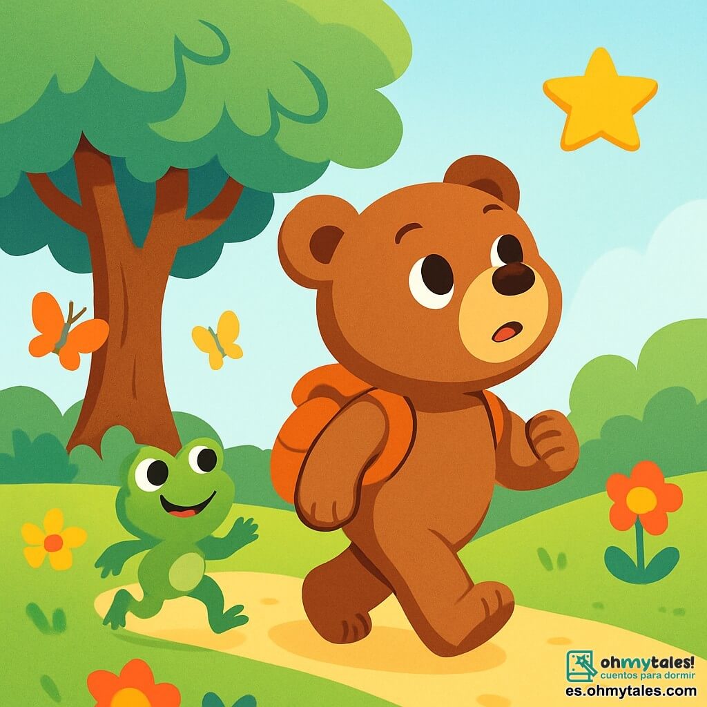 Un oso de peluche llamado Bruno, con un suave pelaje marrón y ojos redondos y brillantes, se encuentra en el centro de la escena, mostrando una expresión de determinación y curiosidad. A su lado, una pequeña rana verde, saltando alegremente con una sonrisa traviesa, lo anima a avanzar. Al fondo, un árbol gigante con hojas brillantes y ramas extendidas, rodeado de flores coloridas y mariposas danzantes, crea una atmósfera mágica. Bruno, con una pequeña mochila, mira hacia arriba, listo para partir en busca de la famosa estrella dorada, mientras la luz del sol se filtra a través de las hojas, iluminando la escena con un suave calor.
