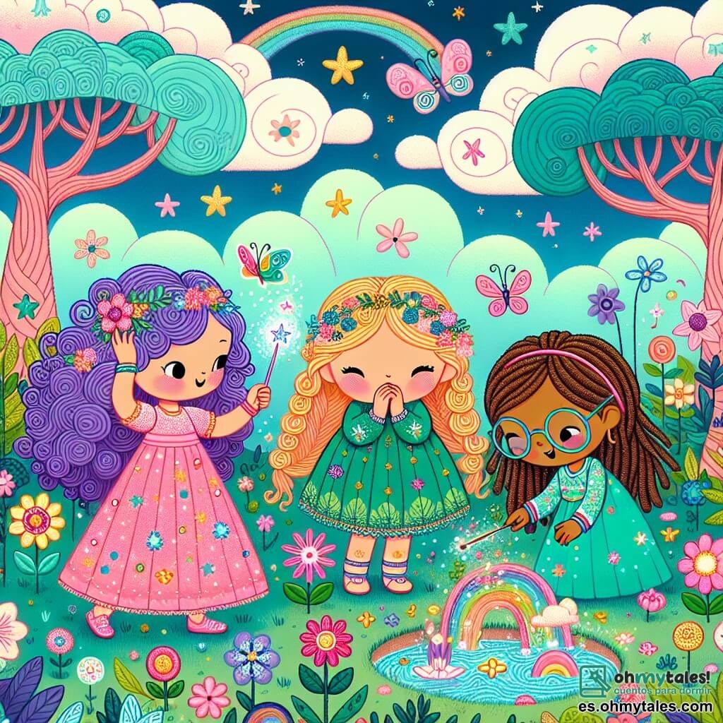 Tres chicas, Lila, Nia y Mia, de aproximadamente 8 años, están en el centro de un jardín encantado. Lila, con largos cabellos rizados violetas, lleva un vestido rosa brillante y sostiene una varita mágica. Nia, con trenzas rubias, viste una túnica verde con motivos de hojas y ríe al mirar las flores. Mia, con cabello castaño y gafas redondas, lleva un vestido azul adornado con estrellas y se agacha para observar un pez colorido que burbujea a sus pies. El jardín está lleno de flores multicolores que bailan alegremente bajo un cielo azul con nubes en forma de caramelos. Árboles de troncos en espiral rodean el lugar y mariposas de alas brillantes vuelan alrededor de ellas. Las chicas intentan lanzar un hechizo para hacer cantar a las flores, pero en su lugar, comienzan a bailar, mientras un pez mágico, salido de la varita de Lila, hace burbujas brillantes. Lila, Nia y Mia se ríen ante este espectáculo inesperado y divertido.