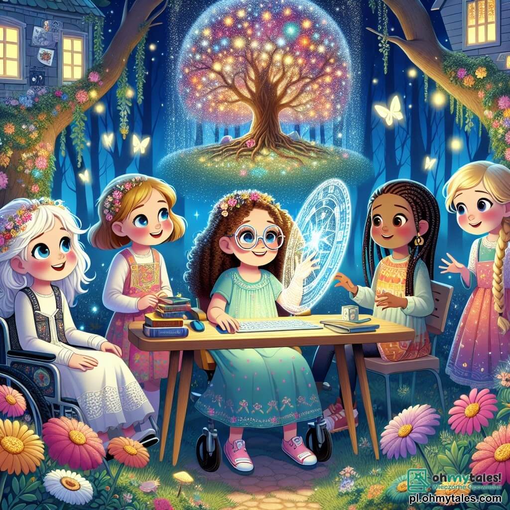 Dziewczynka w wieku 10 lat, z długimi kręconymi włosami i okrągłymi okularami, siedzi przed magicznym komputerem, jej oczy błyszczą ciekawością, gdy skanuje gwiezdną mapę. Obok niej dziewczynka w wieku 9 lat, z krótkimi blond włosami, uśmiecha się, trzymając w rękach świecący kryształ, co oświetla jej twarz fascynującym blaskiem. Trzecia dziewczynka, mająca 11 lat, z warkoczami i kolorową sukienką, uważnie obserwuje unoszące się hologramy, wyciągając ręce, jakby chciała dotknąć gwiazd. Na końcu dziewczynka w wieku 10 lat, siedząca na wózku inwalidzkim ozdobionym kwiatowymi wzorami, zamyka oczy i wydaje się przywoływać świetliste energie wokół siebie, tworząc magiczną aurę. Miejsce to zaczarowany ogród, pełen kolorowych kwiatów i dużych drzew o błyszczących pniach, gdzie świetliki tańczą w powietrzu. W centrum rośnie duże, stare drzewo, którego gałęzie rozciągają się jak ochronne ramiona, a w nim znajduje się drewniana chatka z oknami w kształcie gwiazd. Główna sytuacja pokazuje cztery dziewczynki współpracujące nad rozwiązaniem magicznej zagadki, otoczone migoczącymi światłami i błyszczącymi kryształami, gdy przygotowują się do aktywacji portalu do tajemniczej planety.