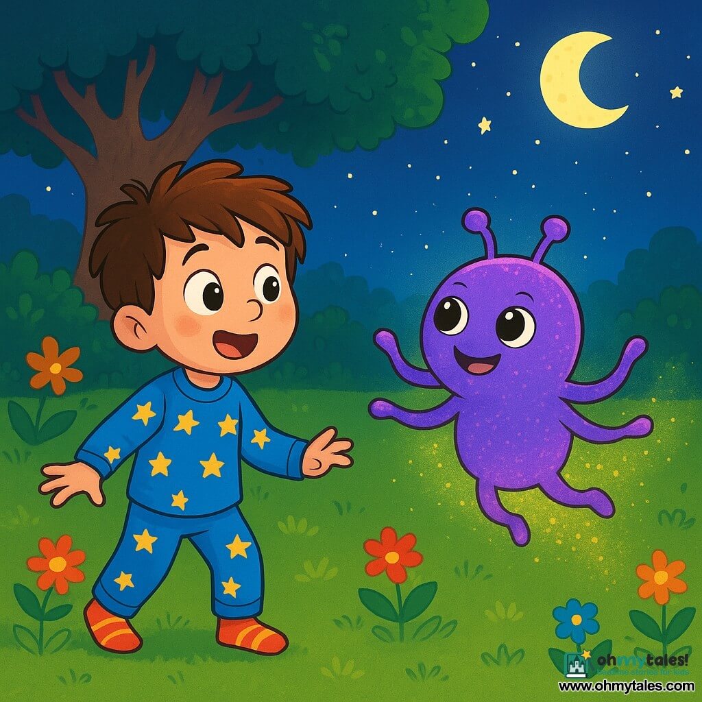 A 6-year-old boy with messy brown hair and sparkling curious eyes stands in his garden. He is wearing a blue star-patterned pajama and striped socks. His face shows wonder and excitement as he looks at a glowing alien. The alien is a round, colorful creature with shimmering purple skin, large round eyes, and a friendly smile. It has four arms joyfully dancing in the air, leaving a trail of sparkling dust behind. The garden is filled with vibrant flowers, a large green lawn, and a majestic old oak tree in the background under a starry sky. The moon shines softly, adding a magical glow to the scene. The amazed boy approaches the newly landed alien, ready to discover this incredible encounter and share a moment of intergalactic friendship.