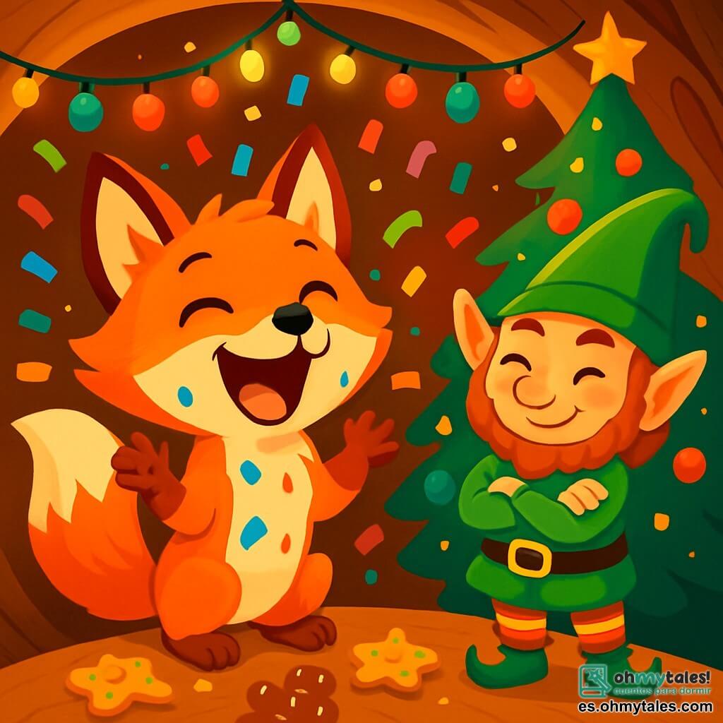 Un pequeño zorro travieso, con un pelaje naranja brillante y una cola esponjosa, ríe a carcajadas al descubrir una lluvia de confeti de colores que cae a su alrededor. Sus ojos brillan de malicia y emoción mientras se encuentra en el centro de su acogedora madriguera, rodeado de decoraciones navideñas brillantes. A su lado, un duende bromista, con un sombrero puntiagudo verde y calcetines a rayas rojas, sonríe traviesamente, con los brazos cruzados, observando su obra con satisfacción. Tiene el cabello rizado y una pequeña barba, y su rostro está iluminado por un resplandor alegre. La escena transcurre en una madriguera acogedora, decorada con guirnaldas luminosas y bolas de Navidad de colores, con un árbol brillante al fondo. Galletas de Navidad están esparcidas sobre la mesa, y una suave luz dorada ilumina toda la habitación. El pequeño zorro descubre maravillado la broma del duende, riendo a carcajadas mientras el confeti danza en el aire, creando una atmósfera festiva y alegre.