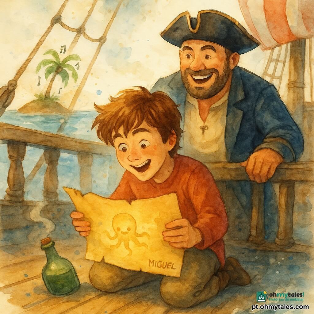 Miguel, um rapaz de ~14 anos de olhos curiosos e cabelo castanho desgrenhado, sentado no convés de madeira, ri e espirra enquanto segura um mapa amarelado que brilha; atrás dele, o capitão Piscadela, homem robusto de ~40 anos com tricórnio, apoia a mão na amurada e olha com encorajamento para o mapa; perto de Miguel, uma garrafa de vidro verde meio destampada e no mapa aparece uma pequena tinta brilhante em forma de polvo sorridente; o barco é um velho navio de madeira com cordames, vela listrada vermelha e branca a bater, convés molhado por gotas aquareladas e ao horizonte uma pequena ilha com coqueiros desenhados com notas musicais — é um momento de descoberta alegre, o mapa mágico aberto no convés enquanto o mar sussurra e salpicos aquarelados sugerem o movimento das ondas.