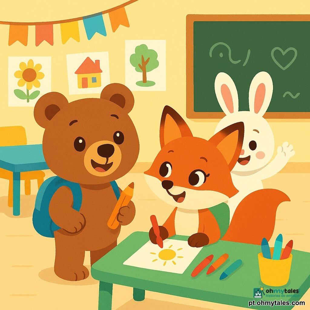 Um pequeno ursinho de pelúcia chamado Léo, com pelagem marrom suave e olhos brilhantes de alegria, está no centro da sala de aula, sorrindo entusiasticamente. Ele usa uma mochilinha azul e segura um lápis colorido na pata. Ao lado dele, uma raposa ruiva chamada Rita, com uma cauda fofa e olhos brilhantes, observa Léo com admiração, pronta para desenhar. Um coelhinho branco travesso chamado Nico, com grandes orelhas e bochechas rosadas, está um pouco atrás, sorrindo e levantando a pata para pedir ajuda. A sala de aula é iluminada, com paredes decoradas com desenhos de crianças, mesas coloridas e um quadro negro cheio de palavras alegres. Léo e seus amigos estão desenhando juntos, compartilhando lápis e rindo, em um ambiente acolhedor e amigável.