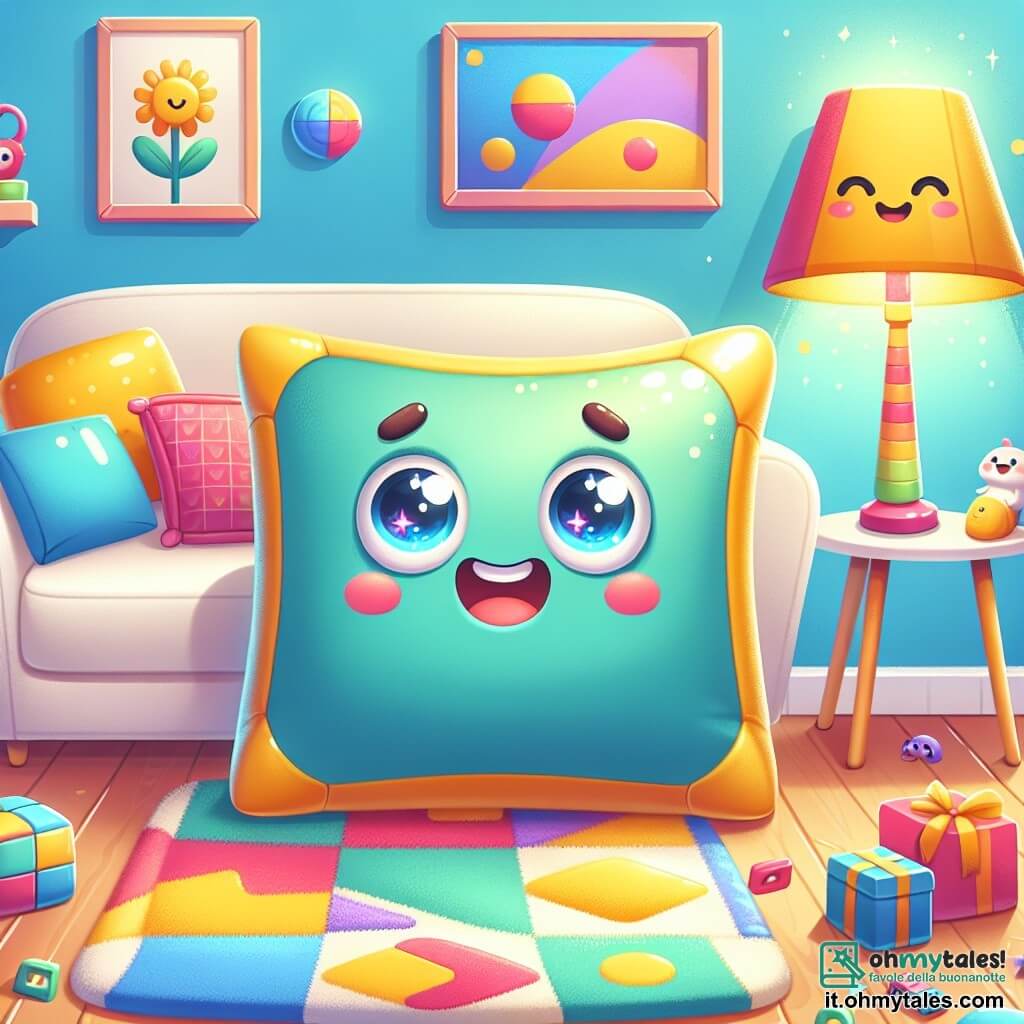 Un cuscino sorridente, dai colori vivaci e dai motivi gioiosi, si trova sul bordo di un divano morbido, pronto a saltare con entusiasmo. Accanto a lui, una lampada dal volto amichevole, con un paralume colorato e occhi brillanti, lo guarda incoraggiante. Sul pavimento, un tappeto dai motivi colorati e ludici si estende sotto di loro, aggiungendo calore alla scena. La scena si svolge in un soggiorno luminoso e accogliente, con pareti dipinte in toni pastello e giocattoli sparsi, creando un'atmosfera di gioco e avventura. Il cuscino si prepara a saltare con determinazione, pronto a affrontare la grande competizione di salto, mentre la lampada e il tappeto lo incoraggiano con entusiasmo, creando un'atmosfera di cameratismo e gioia.