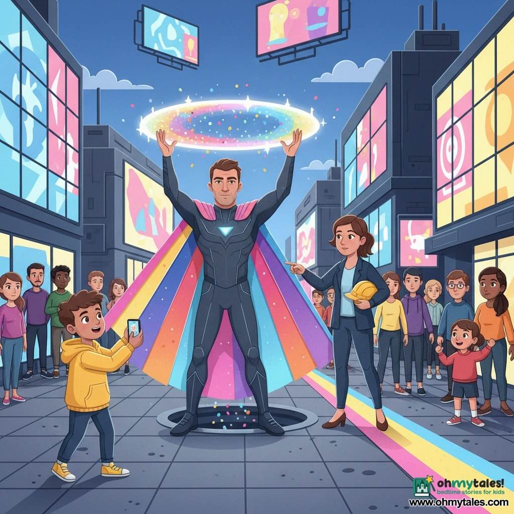 An adult man, Calder (Prismade), determined and focused with a serious but kind face, wears a fan-shaped prismatic cape and a charcoal suit with fine luminous lines; he stretches out his arms to form a large circular multicolored lens of light above the square. A woman, Mara (about 35), calm and resolute with her yellow hard hat under her arm and hair tied back, stands by a group and directs the evacuation toward an alley, pointing to a luminous path. A roughly 12-year-old boy in a yellow hoodie films the scene on his phone, amazed and admiring. A mixed crowd of all ages shifts from worry to calm, some helping others as they walk along a ribbon-like prism corridor. The location is Skyscreen Square, with large bright square façades, sidewalks inlaid with light lines, slightly mismatched floating ads, gray speckled paving, neon urban lighting and glossy reflections. Calder’s prism lens channels glitch particles into a technical drain, the screens soften, and the crowd turns to assist one another; the mood is dynamic yet reassuring, with a vivid palette of electric blues, pinks and yellows and layered cut-paper textures.
