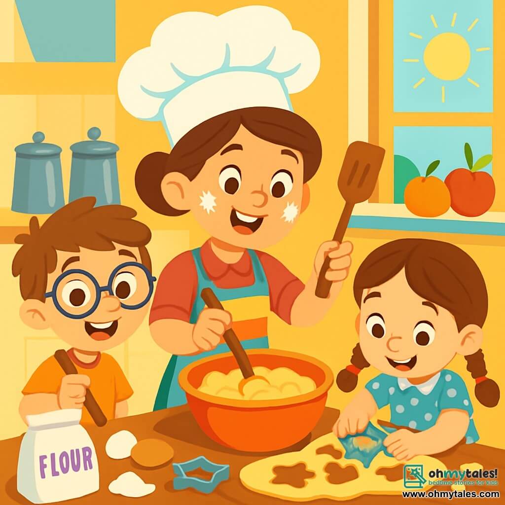 Chef Clara, a cheerful woman in a large white chef's hat and a colorful apron, smiles with sparkling eyes as she mixes ingredients in a big bowl. Her brown hair is neatly tied up, and she has flour spots on her face, showing she's in action. Tommy, a 7-year-old boy with round glasses and messy hair, stands beside her holding a wooden spatula with a big smile, ready to help. Lily, a 6-year-old girl with braids and a polka dot dress, is cutting cookie shapes with cookie cutters, focused and happy. The scene takes place in a bright, colorful kitchen filled with shiny metal pots, fresh fruits on the counter, and windows letting in sunlight. Ingredients like flour, sugar, and eggs are scattered on the table, creating an atmosphere of creativity and joy. In this illustration, Chef Clara and the children are making cookies, laughing and having fun together, while the cookie dough is spread on the table, ready to be cut into fun shapes.