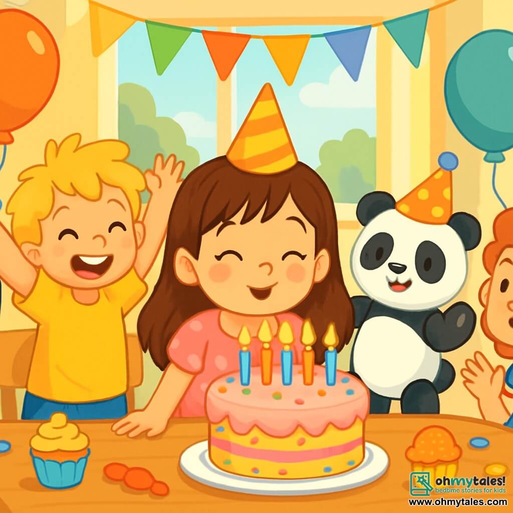 A 6-year-old girl named Lily, with long brown hair and sparkling eyes, is wearing a pink polka dot dress and has a big smile on her face. She is blowing out six candles on a birthday cake decorated with pink frosting and colorful sprinkles, surrounded by her friends. Max, a 6-year-old boy with messy blonde hair and a bright yellow t-shirt, is next to her, raising his arms in celebration. Poppy, an adorable stuffed panda with a little party hat, is beside Lily, waving a paw and adding a touch of magic to the scene. The setting is a bright classroom decorated with colorful balloons and sparkling garlands, with sunlight streaming through the windows. The children are seated around a large wooden table filled with treats and birthday decorations. Lily is surrounded by laughter and joy, ready to blow out her candles while her friends joyfully sing "Happy Birthday."