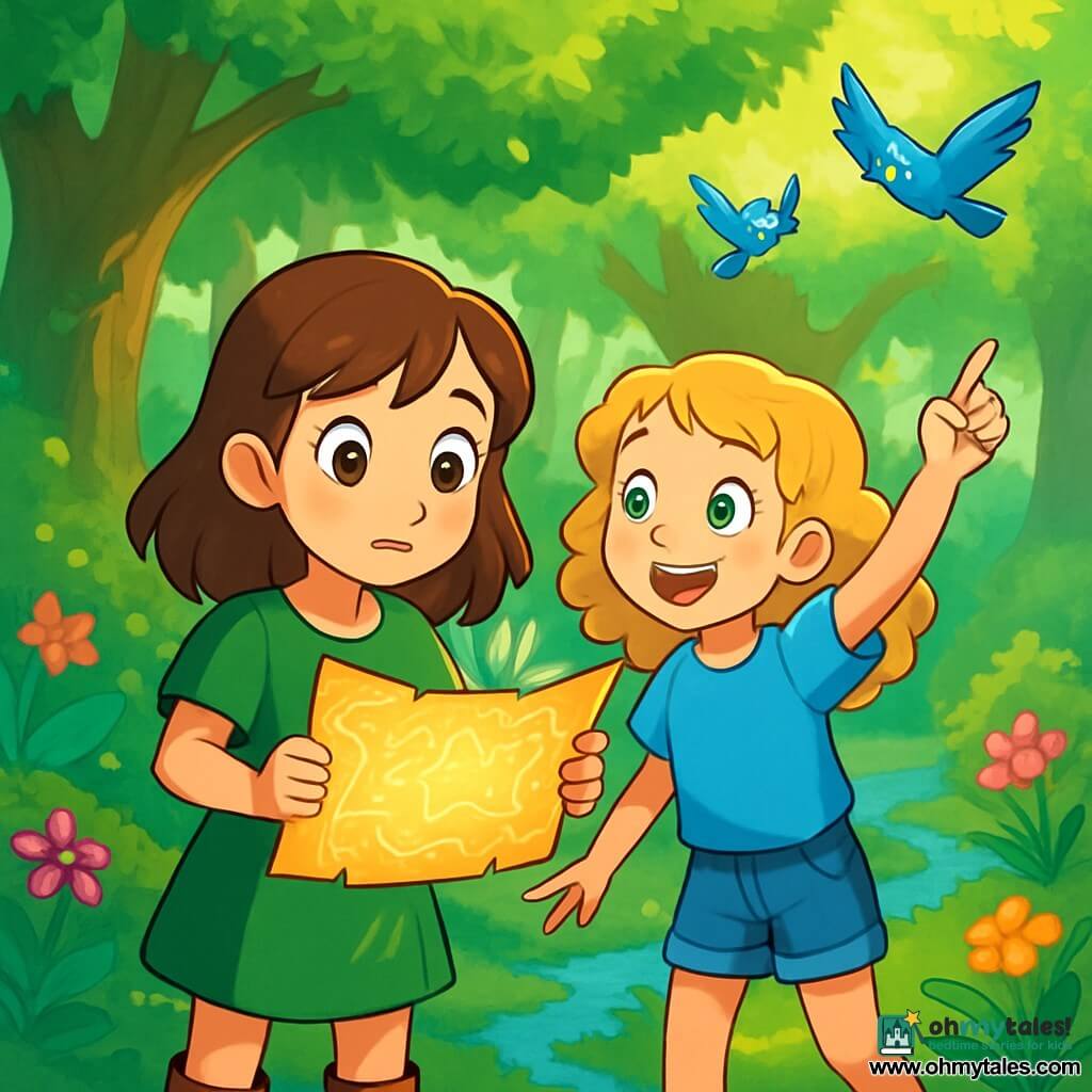 There are 2 main characters: Hazel, a 10-year-old girl with shiny brown hair and piercing hazel eyes, wearing a green cotton dress and leather boots, standing on the left, curiously examining an old map she found; and Mira, also 10, with golden curls and freckles on her nose, dressed in a blue blouse and denim shorts, standing to Hazel's right, smiling and pointing at the blue birds flying above them. The setting is the Dream Forest, a magical place with enormous trees and emerald-like leaves, where colorful flowers softly sing and a sparkling stream winds through the mossy ground. In the distance, an old majestic oak holds a secret. The main scene shows Hazel and Mira discovering a mysterious map that shines in the sunlight, featuring dancing symbols and a glowing path leading into the unknown, with blue birds flying around them, adding a touch of magic to their adventure.