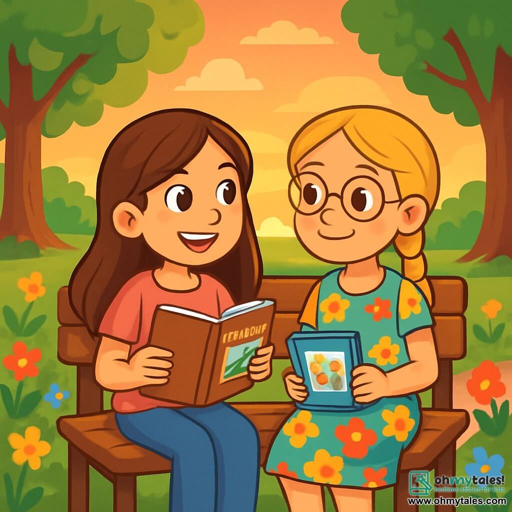 There are two main characters: - Molly: a 10-year-old girl with long brown hair and sparkling eyes. She wears a pink t-shirt and blue jeans, holding a notebook filled with memories in her hands. - Lucy: a 10-year-old girl with braided blonde hair and round glasses. She wears a colorful floral dress and has a warm smile on her face, holding a small photo album. The main setting is a lush park bathed in the golden light of the setting sun. Majestic trees with vibrant green leaves surround a wooden bench where the two friends sit. Multicolored flowers line the path, and a sky tinged with pink and orange creates a soft, dreamy atmosphere. The main situation of the story shows Molly and Lucy sitting on the bench, exchanging promises of friendship while watching the sunset. Their expression is both joyful and emotional, symbolizing their strong bond despite the upcoming separation.