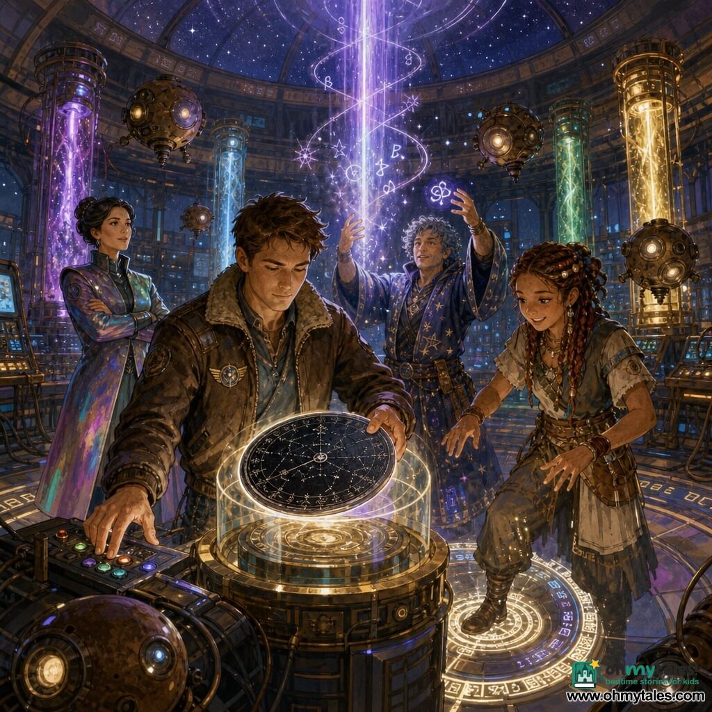 Main character: Lio Kestrel, an open, focused man with short brown hair and a worn pilot jacket with a patch, calmly holding a black-crystal disk (the Stardial) in a glowing case on a central platform while his left hand touches a console with colored lights. Secondary: Sera, about 16, copper-skinned with braids threaded with nuts and beads, bright smiling eyes, tapping a runic ring on the floor to synchronize beacons, standing slightly to his right. Secondary: Brann, about 30, round, with gray-blue curls and a rolled-up starry robe, casting luminous runes with his hands above a beam of light to stabilize the ether, behind Lio. Secondary: Overseer Maelin, about 45, upright, color-shifting coat, severe but relieved expression, arms crossed near a control panel observing the scene. Other elements: several round, rusty spectral drones float like lanterns emitting soft glows; the Stardial is a dark disk with fine silver engravings and shifting constellations. Place: a large circular chamber with a transparent starry ceiling, floors inlaid with glowing runes, tall glass-and-metal beacons sending columns of colored light, visible panels and cables, warm metallic air scented with ozone. Main situation: the group works together to tune and calm huge unstable light beams—violet and silver light gradually settling—with synchronized gestures and general relief.