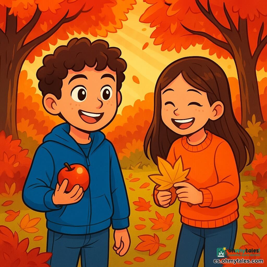 Un chico de 12 años, Daniel, con cabello castaño y rizado, sonriente y con ojos brillantes de curiosidad, se encuentra en medio de un jardín lleno de hojas doradas y rojas. Lleva una chaqueta azul y jeans, sosteniendo una manzana crujiente en su mano derecha. A su lado, su mejor amiga Lucía, una niña de 11 años con cabello largo y liso, vestida con un suéter naranja brillante, recoge hojas con una gran sonrisa, contribuyendo a la atmósfera alegre de la escena. El jardín está rodeado de árboles majestuosos de colores llamativos, con rayos de sol filtrándose a través de las ramas, creando sombras danzantes en el suelo. En esta escena, Daniel y Lucía se divierten recogiendo hojas para crear una corona de otoño, riendo y compartiendo historias mientras disfrutan de la magia de la temporada.