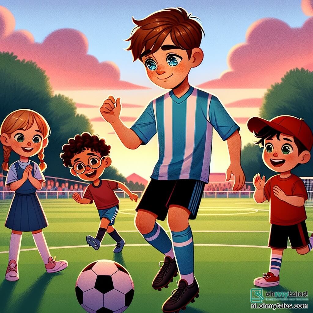 Een man, Sam, is een professionele voetballer met bruin haar en sprankelende ogen, gekleed in een blauw shirt en een zwarte korte broek. Hij heeft een warme glimlach, maar zijn blik toont een lichte droefheid terwijl hij een voetbal over het veld dribbelt. Naast hem staan drie kinderen: Lisa, een 10-jarig meisje met blonde vlechten dat vrolijk applaudisseert; Tom, een 9-jarige jongen met een bril en kastanjebruin haar die probeert de bewegingen van Sam na te doen; en Max, een 8-jarige jongen met een rode pet die lachend om hen heen rent. De locatie is een uitgestrekt, groen voetbalveld, verlicht door het gouden licht van de ondergang, met bomen op de achtergrond en roze wolken in de lucht. De belangrijkste situatie toont Sam die de kinderen leert hoe ze moeten dribbelen en de bal moeten passen, wat een sfeer van vreugde en leren creëert, waar het plezier van het spel belangrijker is dan de nederlaag.