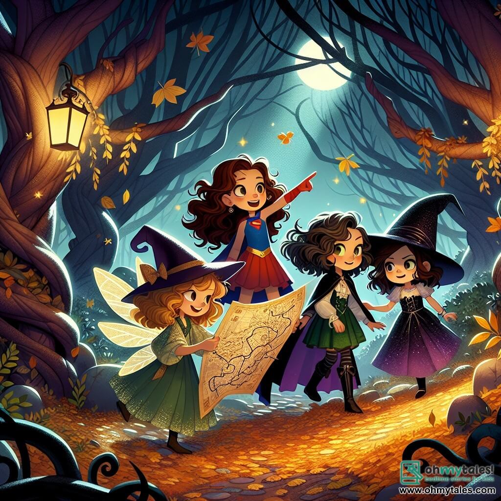 Four 10-year-old girls stand together in a mysterious and enchanted forest. Mia, with curly brown hair, wears a red and blue superhero costume and stands in the center, pointing towards a winding path. Zoe, with straight blonde hair, is dressed as a sparkling fairy with shiny wings and a green dress, slightly behind with wide eyes of excitement. Lily, with wavy brown hair, wears a large black witch hat and a purple dress, leaning forward to examine an ancient map in her hands. Ava, the smallest with braided black hair, is dressed as a vampire in a red cape, standing next to Lily, curiously looking at the map. The dark enchanted forest features gnarled trees and softly falling golden leaves, with moonlight filtering through the branches, creating dancing shadows on the leaf-covered ground. The main scene shows the girls discovering a mysterious map, full of promises of adventures and treasures, as they stand together, ready to explore the depths of the forest.