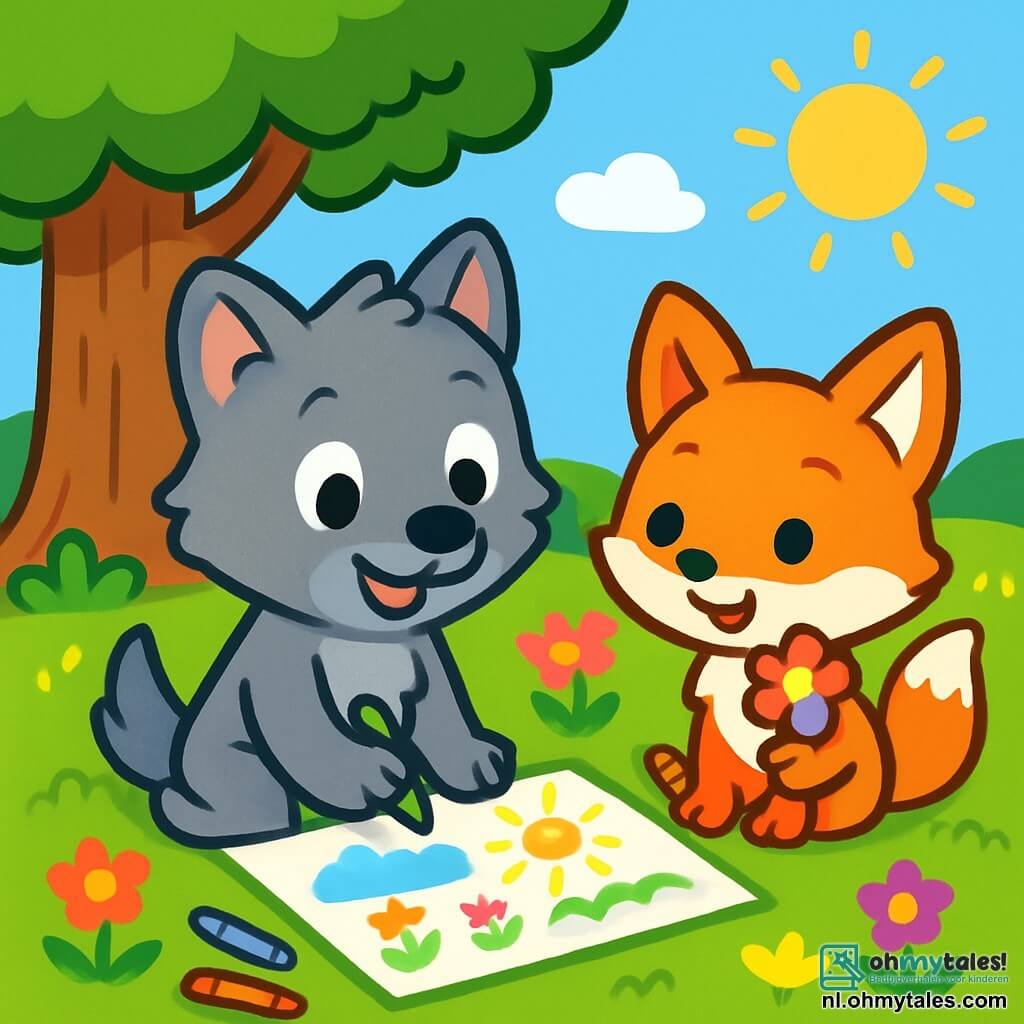 Een klein wolfje genaamd Wolfje, met een zachte grijze vacht, sprankelende ogen en een grote glimlach, zit onder een grote boom. Hij tekent op een groot wit papier met felle kleurpotloden en creëert een zonnig zomers landschap. Naast hem kijkt zijn vriend, het kleine vosje Vosje, met een stralende oranje vacht en ondeugende ogen, verwonderd en glimlachend naar hem, terwijl hij een kleurrijke bloem in zijn poot houdt. De plek is een groene tuin, vol met kleurrijke bloemen, groen gras en een stralende blauwe lucht, waar de zon vrolijk schijnt. Wolfje en Vosje zijn verdiept in hun creatieve activiteit, omringd door lachen en geluk, genietend van hun zomerse dag in de natuur.