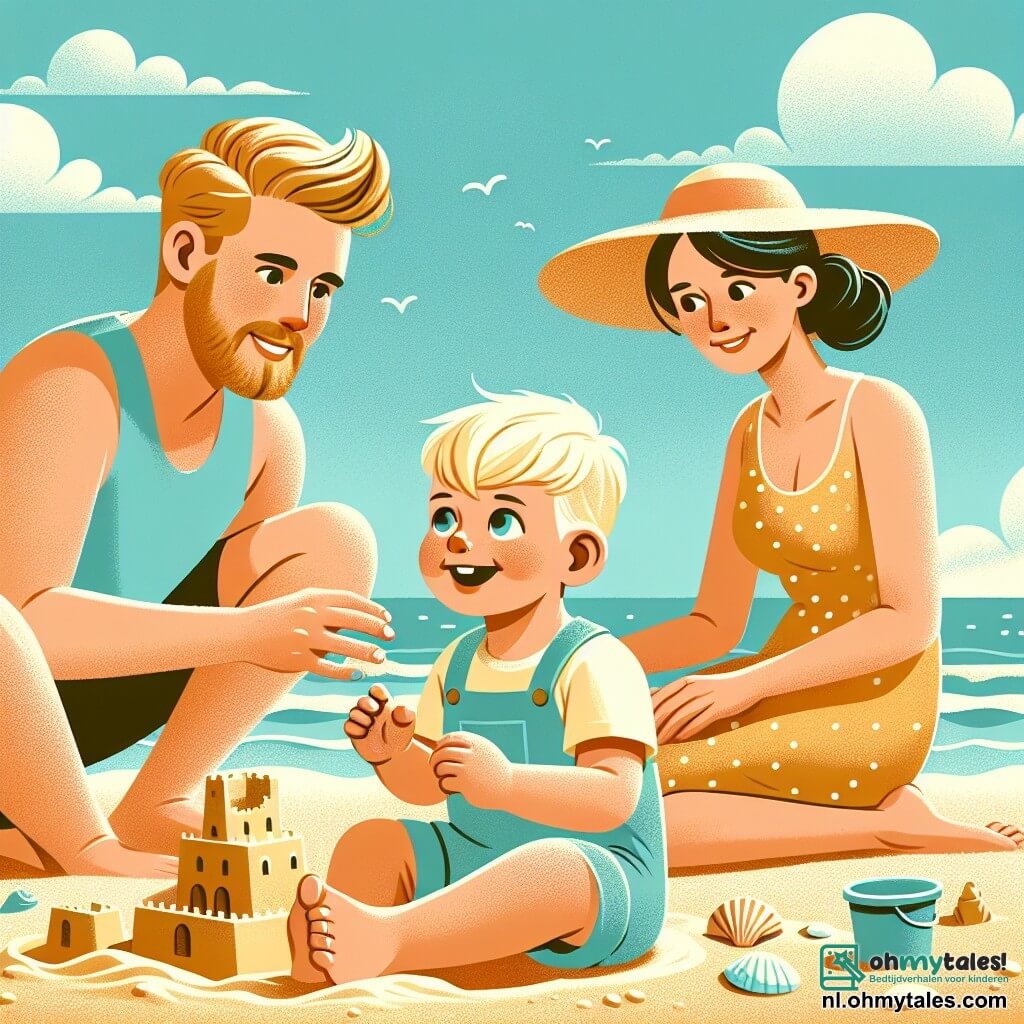 Een jongetje van 1 jaar, met blond haar en sprankelende ogen, zit op het gouden zand van het strand. Hij glimlacht vrolijk, zijn kleine handen vol zand, terwijl hij met zijn voeten in het water spettert. Naast hem kijkt zijn moeder, een vrouw van in de dertig met bruin haar en een strooien hoed, hem liefdevol aan en lacht om zijn spetters. Ze knielt op het zand, klaar om hem te helpen een zandkasteel te bouwen. Zijn vader, een man van in de dertig met een lichte baard en een kleurrijk T-shirt, is iets verderop bezig met het vormen van een groot zandkasteel. Hij glimlacht terwijl hij naar zijn zoon kijkt, en deelt dit moment van gezinsgeluk. De locatie is een zonnig strand, met zachte golven die de kust kussen, kleurrijke parasols en schelpen verspreid over het zand. De lucht is helderblauw, met hier en daar wat donzige witte wolken. De hoofdscène toont het jongetje dat in het zand speelt, lacht en plezier heeft, terwijl zijn ouders hem aanmoedigen en samen prachtige zomermomenten creëren.