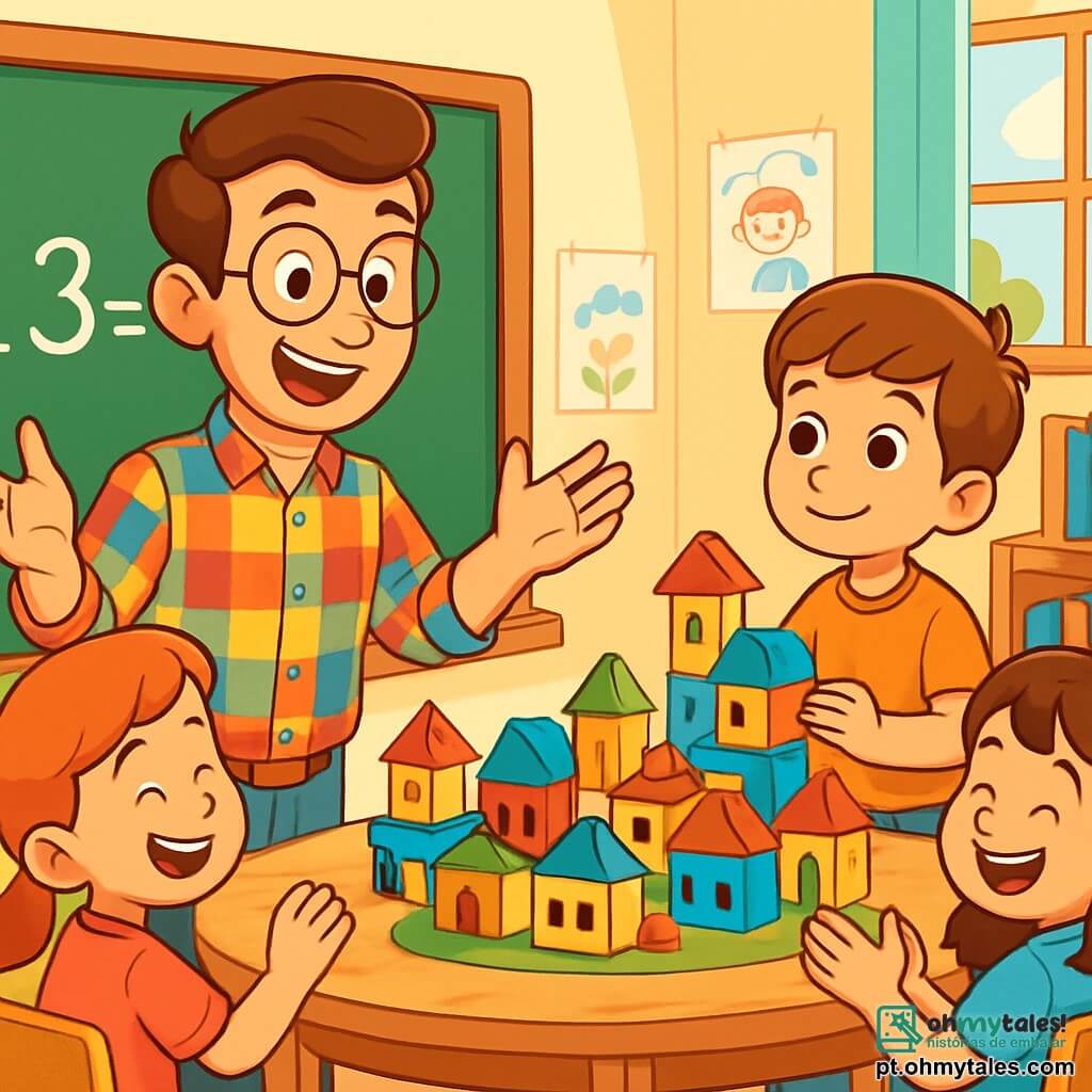 Um homem, o professor Tiago, sorridente e caloroso, está diante de uma turma animada. Ele tem cabelo castanho, óculos redondos e usa uma camisa xadrez colorida. Seu olhar brilha de entusiasmo enquanto explica uma lição de matemática com gestos expressivos. Ao lado dele, Joãozinho, um garoto de 8 anos com cabelo castanho e olhos brilhantes, observa atentamente. Ele segura um bloco de construção colorido, pronto para participar da atividade. A sala de aula é iluminada e acolhedora, com paredes decoradas com desenhos de crianças, prateleiras cheias de livros coloridos e janelas que deixam entrar a luz do sol. Mesas de madeira estão dispostas em círculo, criando um espaço amigável para o aprendizado. A cena principal mostra o professor Tiago guiando seus alunos na construção de uma cidade com blocos coloridos, enquanto as crianças riem e se ajudam, cheias de empolgação e curiosidade.
