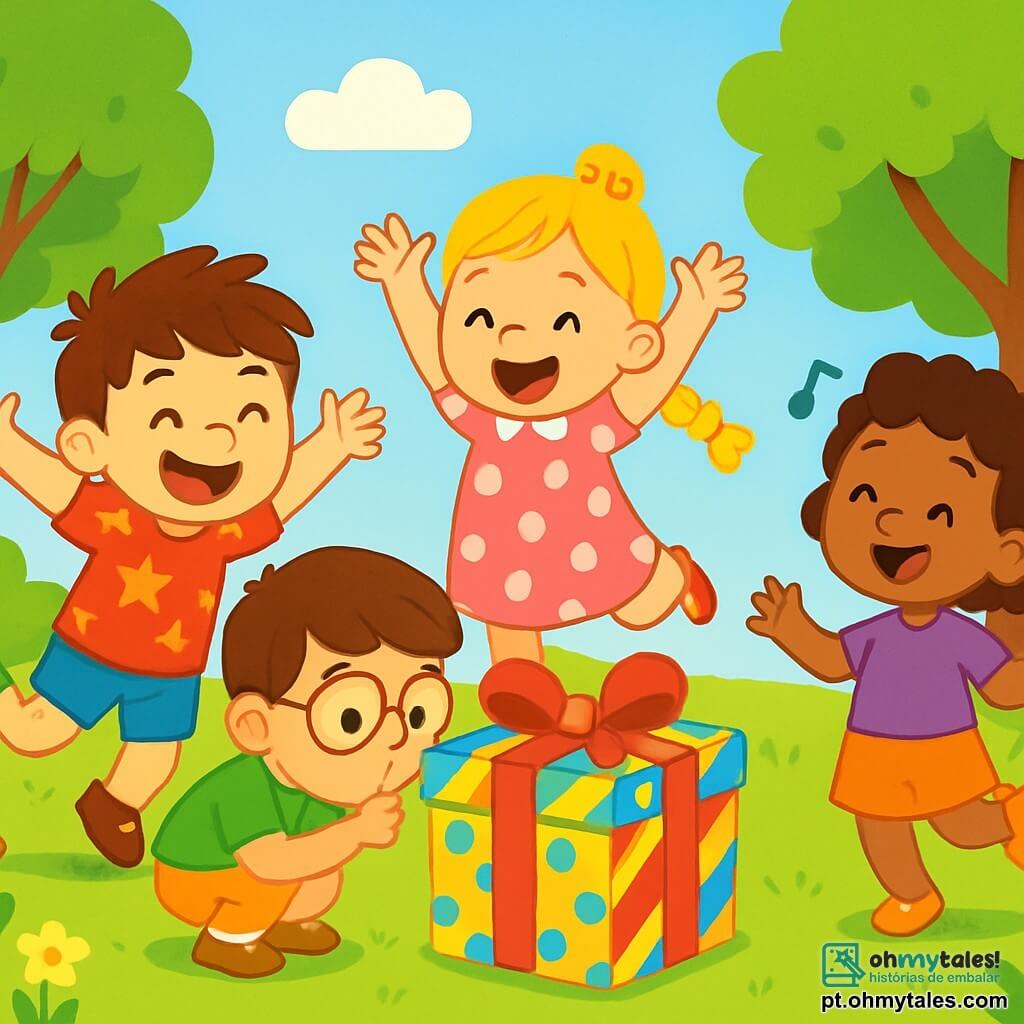 Um menino de 4 anos, chamado Bernardo, com cabelos castanhos bagunçados e um grande sorriso alegre, salta de excitação diante de uma enorme caixa colorida. Ele usa uma camiseta vermelha com estrelas e um short azul. Ao lado dele, Lila, uma menina de 4 anos com cabelos loiros trançados e um vestido rosa de bolinhas, pula de alegria, com os braços levantados. Tico, um menino de 4 anos com óculos e uma camiseta verde, está agachado, cheirando a caixa com curiosidade. Fifi, uma menina de 4 anos com cabelos cacheados e uma blusa roxa, canta alegremente enquanto balança de um pé para o outro. A cena ocorre em um bonito espaço verde, cercado por árvores com folhas brilhantes e flores coloridas, sob um céu azul claro com algumas nuvens brancas fofas. No centro, a caixa gigante, decorada com padrões de listras e bolinhas multicoloridas, intriga todas as crianças, que estão ao redor, ansiosas e curiosas, se perguntando o que há dentro.