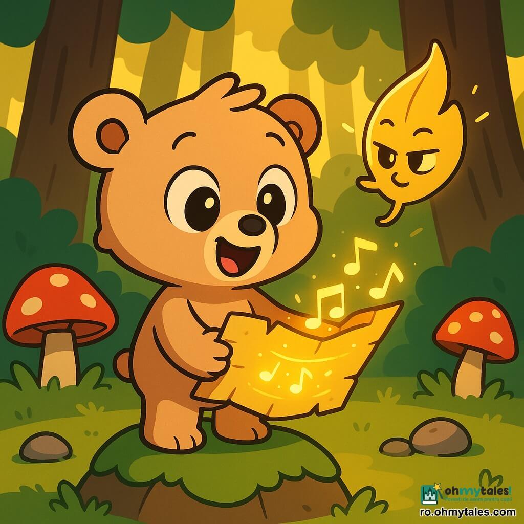 Pufi, un ursuleț de pluș bej cu expresie uimită și zâmbet, ține la piept o carte cântătoare din pergament cu note desenate care luminează; o frunză aurie, subțire și sclipitoare, plutește în dreapta și pare să șoptească arătând drumul; scena are loc într-o poiană de pădure trezindu-se, cu mușchi verde, ciuperci roșii cu buline albe și raze de soare filtrând printre trunchiuri închise la culoare, atmosferă veselă și aventuroasă, compoziție centrată pe Pufi.