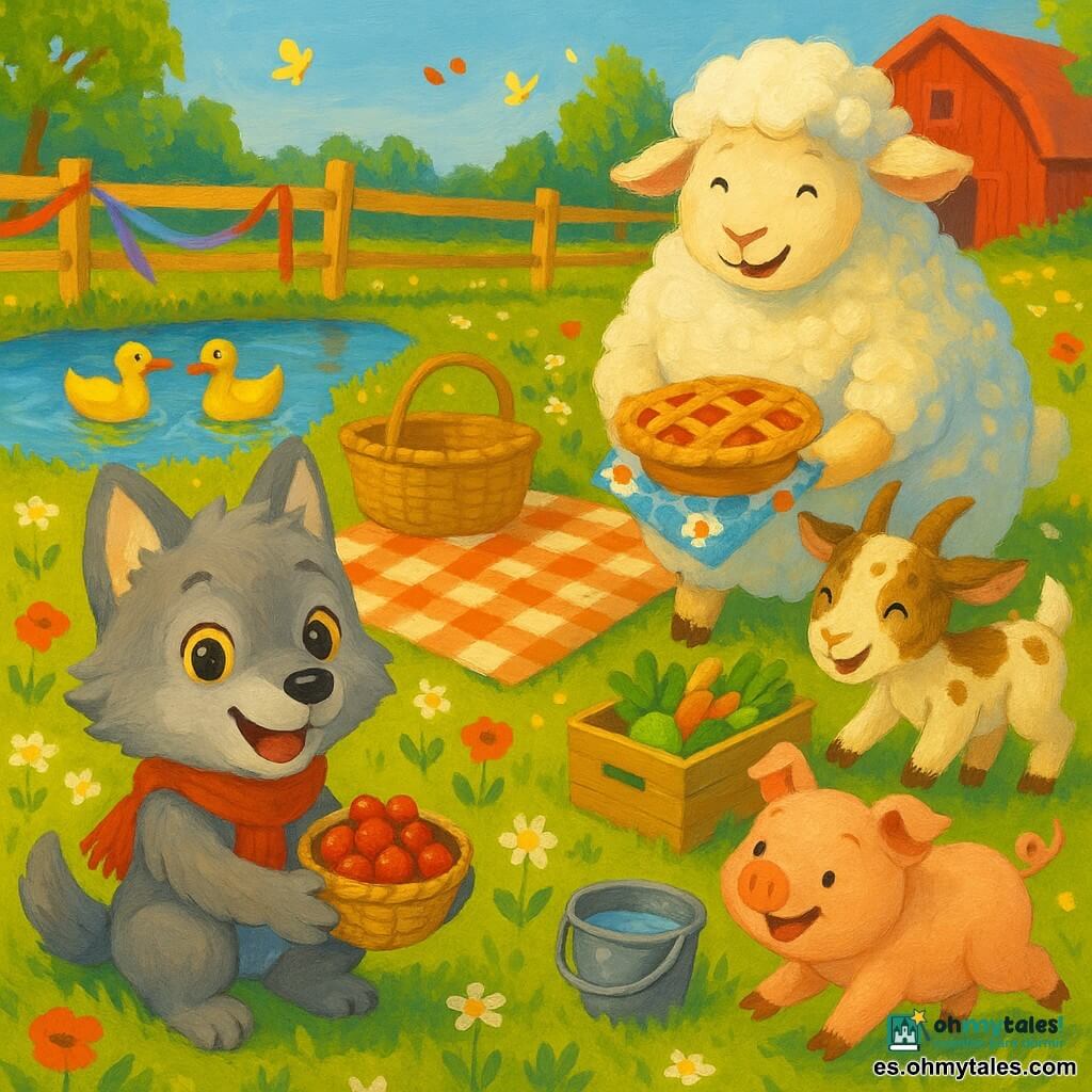 Un pequeño lobo antropomórfico infantil, alegre y asombrado, pelaje gris y ojos avellana, con una bufanda roja ofrece una cesta de bayas; a la derecha, una oveja llamada Olivia, grande y de lana rizada blanca, sonriente, coloca una tarta sobre una mantita a cuadros; cerca, una cabrita moteada y traviesa organiza una caja de verduras; un lechoncito rosado y regordete corre hacia el primer plano junto a un cubo de agua; dos patos amarillos nadan en un estanque brillante a la izquierda; todo en un prado primaveral junto a una granja educativa —hierba verde con margaritas y amapolas, cestas de mimbre y lazos en una valla, granero rojo bajo cielo azul— escena de picnic primaveral cálida y animada con luz dorada y colores vivos estilo pintura acrílica.
