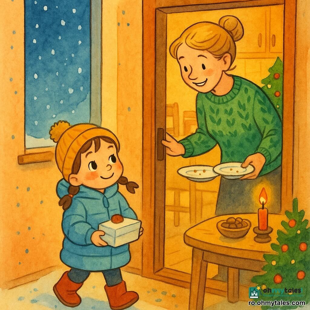 Fetiță de 4 ani, timidă și veselă, plete brune în două cozi, poartă geacă matlasată bleu, cizme roșii și glugă cu pompon, ține o cutiuță albă cu o felie de tort; se apropie de ușa bucătăriei unde o vecină de circa 30 de ani, blondă prinsă, zâmbitoare, în pulover verde cu model, ține două farfurii mici și este ușor aplecată spre ea; bucătăria mică și primitoare are o masă din lemn deschis, o lumânare aprinsă și un bol cu nuci, un brad decorat cu luminițe roșii și aurii în colț, iar pe fereastră ninge cu fulgi mari; situația principală: la ușă fetița oferă cutia cu tort, amândouă zâmbesc, farfuriile sunt pregătite și se văd firimituri, atmosferă caldă și blândă.