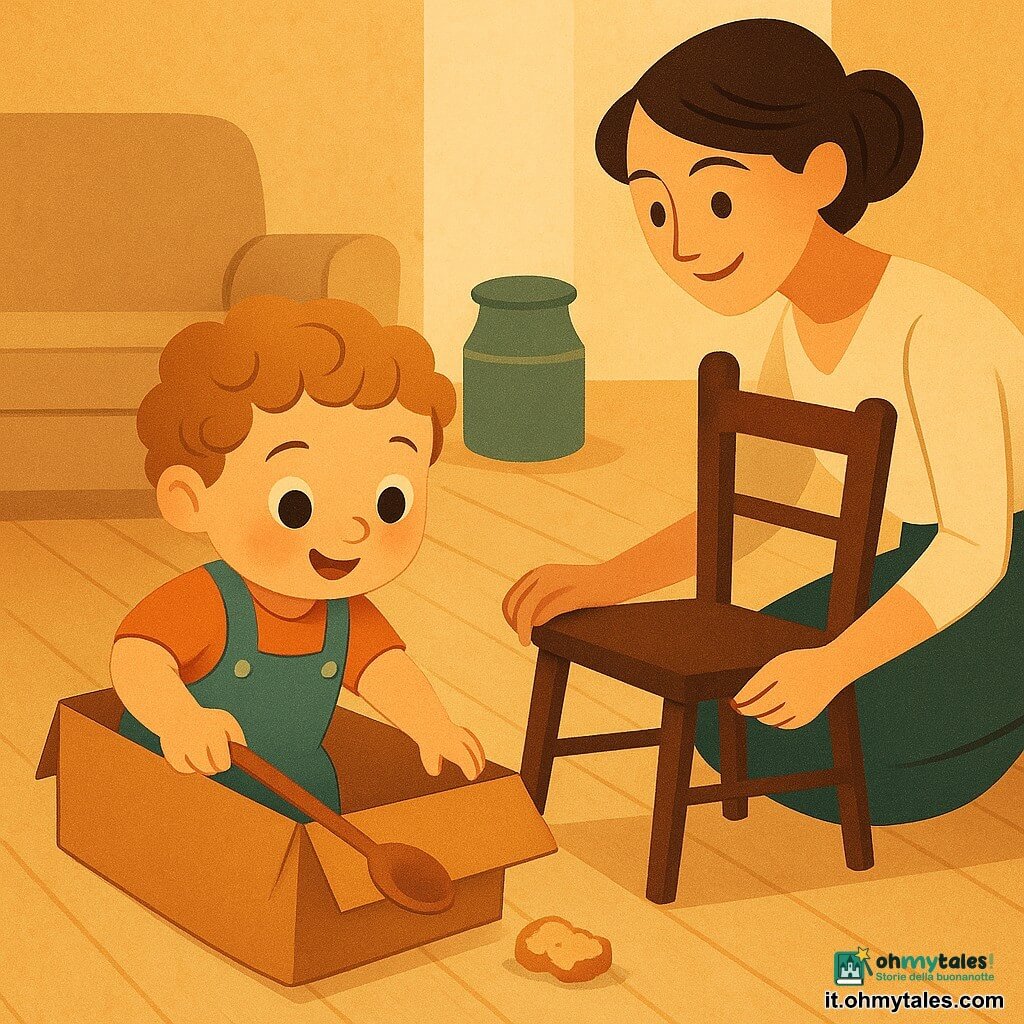 Bambino di 2 anni, viso rotondo, capelli castano chiaro ricci, occhi grandi e curiosi, espressione gioiosa e concentrata, che tiene un cucchiaino di legno come pala e spinge una scatola di cartone trasformata in "barca" verso una briciola di pane sul pavimento; mamma di circa 30 anni, capelli castani raccolti in uno chignon morbido, sorriso dolce, accovacciata a destra vicino a una sedia che solleva leggermente per aiutare; pavimento in legno chiaro con briciola visibile, sedia in legno scuro, piccolo barattolo con coperchio verde aperto sullo sfondo e divano beige sfocato; scena luminosa e calda, toni pastello, texture di legno e cartone, composizione centrata sull'azione di salvataggio della briciola, atmosfera di piccola avventura domestica.