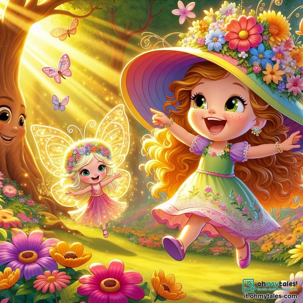 La principessa Lila, una ragazza gioiosa di circa 8 anni, indossa un grande cappello colorato decorato con campanule che tintinnano dolcemente. Ha lunghi capelli ricci e un sorriso splendente, mentre salta di gioia in una radura soleggiata, circondata da fiori vivaci. Accanto a lei, la fata Luce, una piccola creatura luminosa con ali scintillanti, fluttua nell'aria. Ha circa 6 anni, capelli dorati e un vestito fatto di petali di fiori. Luce ride mentre indica un albero parlante dietro di loro. Il luogo è un magnifico boschetto magico, pieno di alberi dai tronchi colorati, fiori giganti e una luce dorata che filtra tra le foglie. Farfalle danzano intorno a loro, aggiungendo alla magia del posto. La scena principale mostra Lila che ride mentre scopre la farfalle dorata, una splendida farfalla dorata che vola attorno al suo cappello, creando un'atmosfera di gioia e meraviglia.