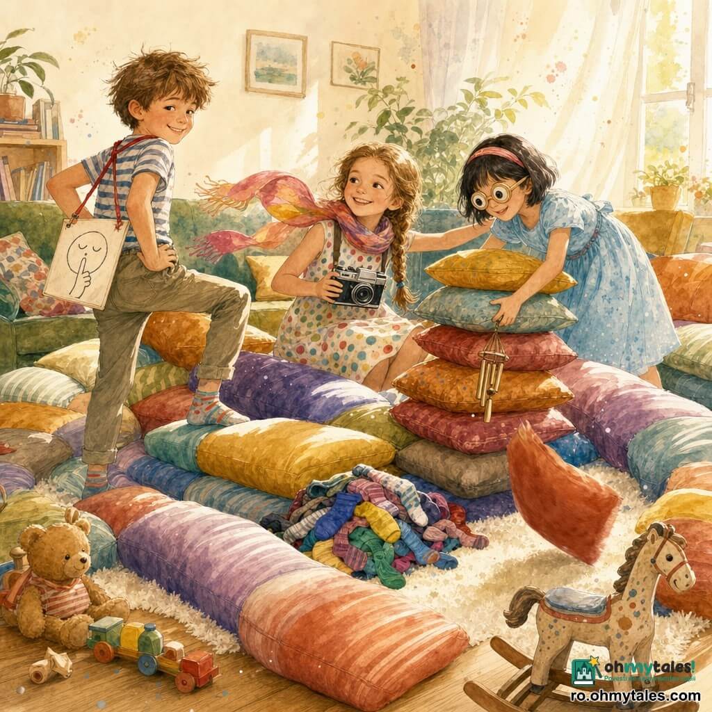 Trei copii de 9 ani într‑un decor interior luminos: Daria, fată cu păr castaniu deschis împletit, față rotundă zâmbitoare, eșarfă colorată și rochie cu buline, stând la centru cu un aparat foto vechi și brațul în jurul prietenilor; Vlad, băiat cu păr brun dezordonat, zâmbet ștrengăresc, tricou în dungi și pantaloni casual, stând în stânga cu un mic panou „Silence” agățat pe spate ca o pelerină și piciorul pe o grămadă de perne; Ilinca, fată cu păr negru scurt și cordeluță, ochelari‑jucărie cu ochi din plastic și rochie bleu, în dreapta, aplecată să potrivească o turnuleț de perne și ținând un clopoțel mic; încăpere cu podea de lemn deschis, covor crem, canapea retro verde, labirint din perne colorate, șosete îngrămădite în centru și jucării împrăștiate, lumină caldă prin fereastră cu perdele albe; scenă jucăușă, copii râzând și pozând pentru o fotografie improvizată, mișcări surprinse (pernă care cade, eșarfă zburând), detalii vesele și stil acuarelă cu tonuri vii pastelate și trăsături clare.