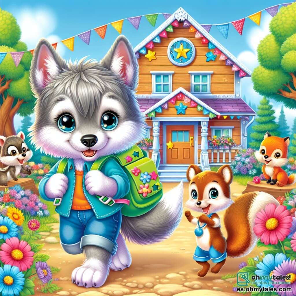 Un pequeño lobo de pelaje gris suave y brillante, con grandes ojos curiosos y una expresión de emoción en su rostro, se encuentra frente a una escuela de madera colorida, rodeado de flores brillantes. Lleva una mochila verde brillante decorada con estrellas, listo para entrar en el establecimiento. A su lado, una pequeña ardilla de ojos chispeantes y cola en penacho, saltando de alegría, muestra gran impaciencia, mientras que un pequeño zorro de pelaje naranja brillante, con una sonrisa traviesa, se inclina hacia adelante, listo para proponer una idea divertida. El lugar es una encantadora escuela de madera, rodeada de majestuosos árboles, con banderines coloridos flotando en el aire y flores multicolores que decoran la entrada, creando una atmósfera alegre y acogedora. La situación principal muestra al pequeño lobo y sus amigos, emocionados y un poco nerviosos, preparándose para entrar en la escuela en su primer día de clase, listos para vivir nuevas aventuras y hacer nuevos amigos.