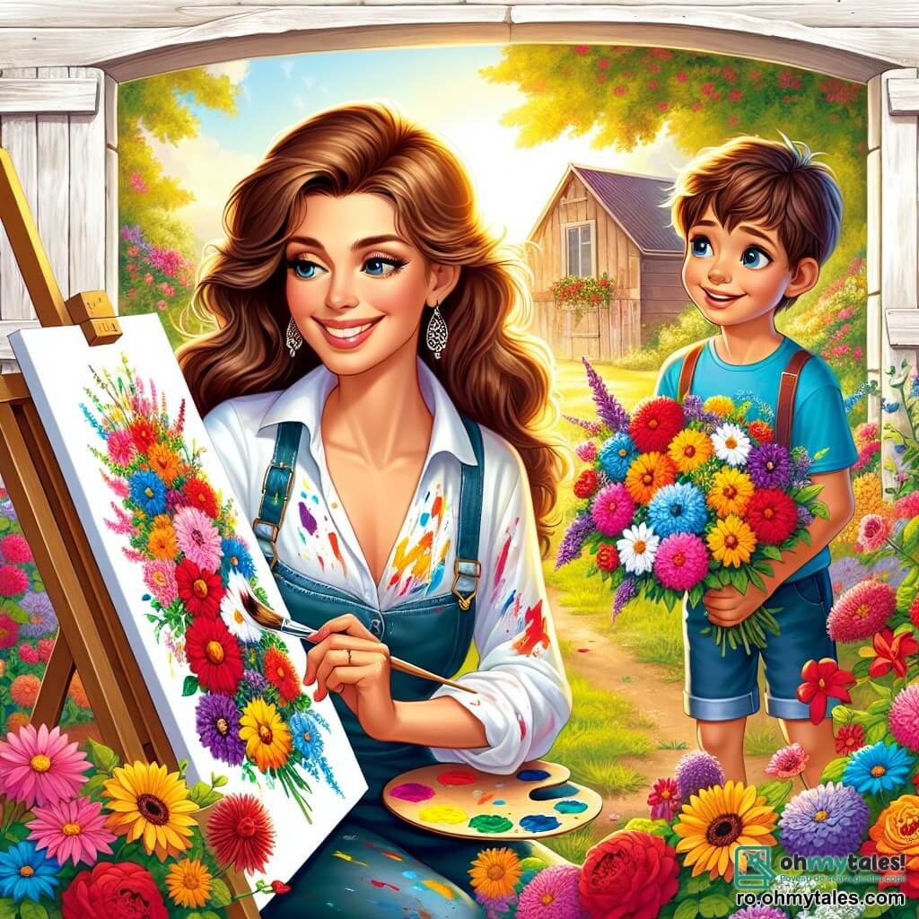 O artistă, Maria, este în centrul imaginii. Are părul lung și brunet, zâmbește radiant și poartă o bluză albă pătată cu vopsea colorată. Ea pictează flori pe o pânză, cu culori vii care strălucesc în jurul ei, arătând bucuria și inspirația regăsită. Lângă ea, un băiat pe nume Andrei, de aproximativ 8 ani, o observă cu uimire. Are părul scurt și creț, poartă un tricou albastru și o pereche de pantaloni scurți. Ține un buchet de flori multicolore, pregătit să i-l arate Mariei, zâmbind larg. Fundalul este o frumoasă grajd din lemn, înconjurat de o grădină luxuriantă plină de flori de toate culorile: roșii, galbene, albastre și violete. Soarele strălucește, iluminând scena cu o lumină caldă și veselă. Maria pictează cu pasiune, în timp ce Andrei îi aduce flori, simbolizând inspirația și creativitatea născute din prietenia lor.