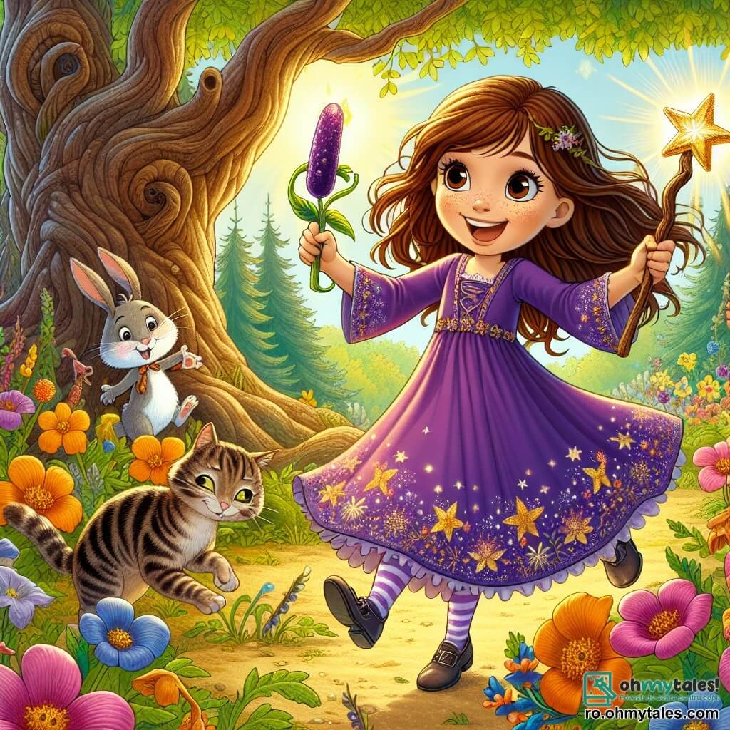 Anca, o ucenică vrăjitoare de 8 ani, cu părul lung și brunet și ochi strălucitori de curiozitate, poartă o rochie violetă decorată cu stele strălucitoare. Ea dansează vesel într-o poiană însorită, ținând o baghetă magică în formă de ramură de alun, înconjurată de flori colorate care par să râdă. Lângă ea, Max, un iepuraș alb cu urechi mari, sare cu entuziasm, ochii săi strălucind de neastâmpăr. Puțin mai încolo, Felix, o pisică tigrată cu blană dungată, observă scena cu un zâmbet amuzat, pregătit să participe la magia Ancăi. Decorul este o pădure fermecată, cu copaci majestuoși și trunchiuri noduroase, flori strălucitoare în culori vii și raze de soare filtrându-se prin frunză, creând o atmosferă feerică. Situația principală o arată pe Anca preparând o poțiune magică care transformă florile în prăjituri, în timp ce Max și Felix o încurajează, toți trei fiind implicați într-o aventură plină de râsete și surprize.
