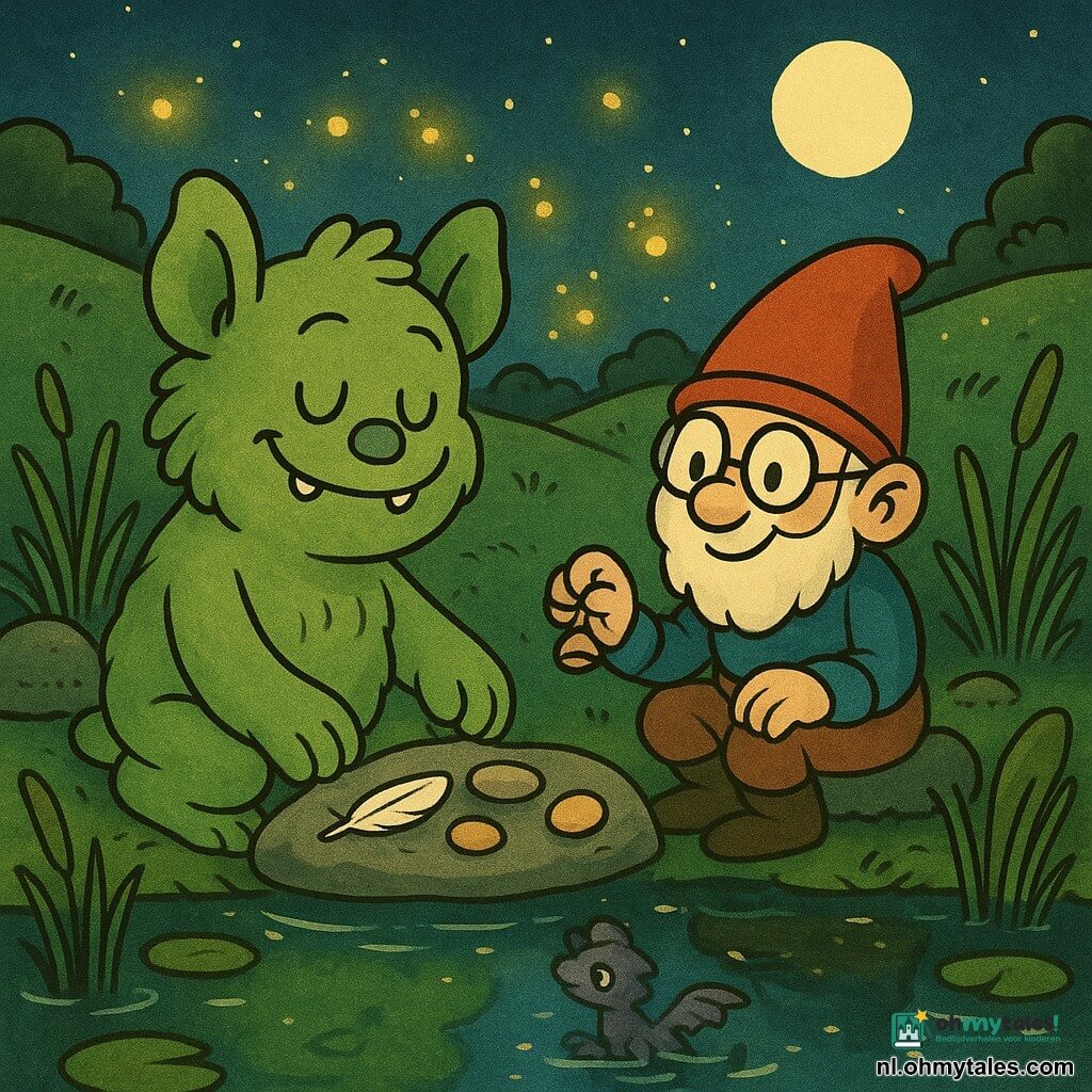 Een klein groen monstertje genaamd Mop zit knielend op een platte steen bij een vijver; met mosachtige vacht, wiebeloortjes, kleine ronde tandjes en verlegen glimlach legt hij voorzichtig een witte veer, een glanzend keitje en een maankoekje op de steen. Prik, de kabouter met een rood mutsje en scheve bril, zit naast Mop met gekruiste benen en houdt een piepklein belletje vast. In het water weerspiegelt een timide klein draakje met paarse schubben en korte vleugels dat een pootje heft. Het is een nachtelijke vijver onder een grasheuvel met waterlelies, riet, donkere mosstenen en honderden geel-oranje vuurvliegjes boven het water; de sfeer is zacht, warm en verzoenend met contrasten van diep groen en warm geel.