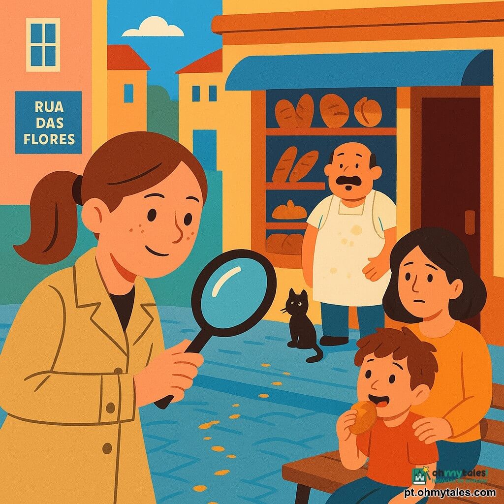 Detective Clara, sorridente e concentrada, rosto redondo com sardas e rabo de cavalo, casaco bege, segura uma grande lupa brilhante seguindo uma trilha de migalhas douradas; Sr. Almeida, padeiro, adulto de barriga, avental branco com farinha, aliviado e surpreso, na entrada da sua pequena padaria de madeira; Lucas, cerca de 6 anos, cabelo despenteado, maravilhado, sentado num banco do parque com um pedaço de pão doce pela metade; Dona Marta, mãe preocupada agora aliviada, com a mão no ombro de Lucas; um gato preto pequeno no muro perto da porta dos fundos; rua de paralelepípedos Rua das Flores com fachadas pálidas, vitrine de vidro, flores em vasos, porta de madeira aberta e céu azul claro; cena alegre e ilustrativa: Clara segue as migalhas do balcão da padaria até o jardim e o banco, cores vivas, contornos nítidos, estilo cartaz infantil.