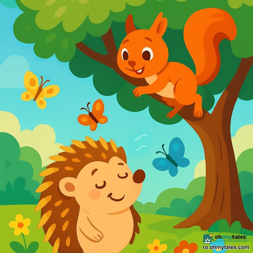 Un mic arici pe nume Prickles, cu un blăniș brun și țepi aurii, stă sub un stejar mare. Are ochi strălucitori de curiozitate și un zâmbet vesel, ascultând cu atenție murmurul dulce al vântului. Lângă el, o veveriță jucăușă pe nume Nucișor, cu un blăniș roșu strălucitor și o coadă pufoasă, sare din ramură în ramură, observându-l pe Prickles cu un zâmbet prietenos. Scena se desfășoară într-o pădure fermecată, unde soarele filtrează prin frunzele verzi, creând modele luminoase pe solul acoperit cu flori colorate. Fluturi dansează în jurul lor, adăugând o notă de magie mediului. Prickles, uimit, își închide ochii pentru a asculta mai bine vântul care îi povestește aventurile, în timp ce Nucișor îl încurajează să simtă melodia naturii.