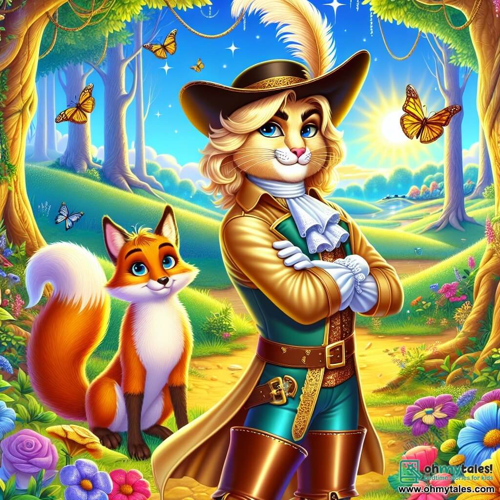 In the center of the image, Puss in Boots, an elegant feline with silky cream-colored fur and sparkling mischievous eyes, stands proud and determined, his shiny leather boots and feathered hat giving him a fearless look. Beside him, Finnegan, a cunning fox with golden fur, curiously observes, holding a scroll in his mouth, ready to deliver an important message. In the background, the enchanted glade is bathed in golden morning light, surrounded by majestic trees with shimmering leaves and a blue sky dotted with fluffy clouds. Colorful flowers and fluttering butterflies add a touch of magic to the environment. The main scene shows Puss in Boots and Finnegan preparing to gather the magical creatures of the forest for a crucial council, as an aura of excitement and determination fills the air, promising an exciting adventure.