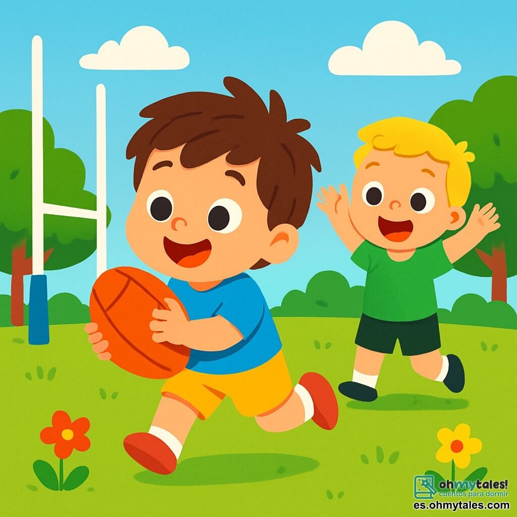 Un niño de 2 años, Rubi, con cabello castaño desordenado y una gran sonrisa, corre en un campo de rugby verde, sosteniendo un balón de rugby naranja brillante. Lleva una camiseta azul y un pantalón corto amarillo, y sus ojos brillan de emoción. A su lado, Leo, un niño de 3 años con cabello rubio y ojos chispeantes, lo anima levantando los brazos y sonriendo. Lleva una camiseta verde y un pantalón corto negro, y está justo al lado de Rubi, listo para jugar. El lugar es un soleado campo de rugby, rodeado de grandes árboles verdes y flores coloridas. El cielo es azul con algunas nubes blancas, y la hierba es de un verde brillante. La escena principal muestra a Rubi y Leo en acción, corriendo juntos hacia el ensayo, el balón de rugby adelante, llenos de alegría y energía, listos para divertirse y jugar juntos.