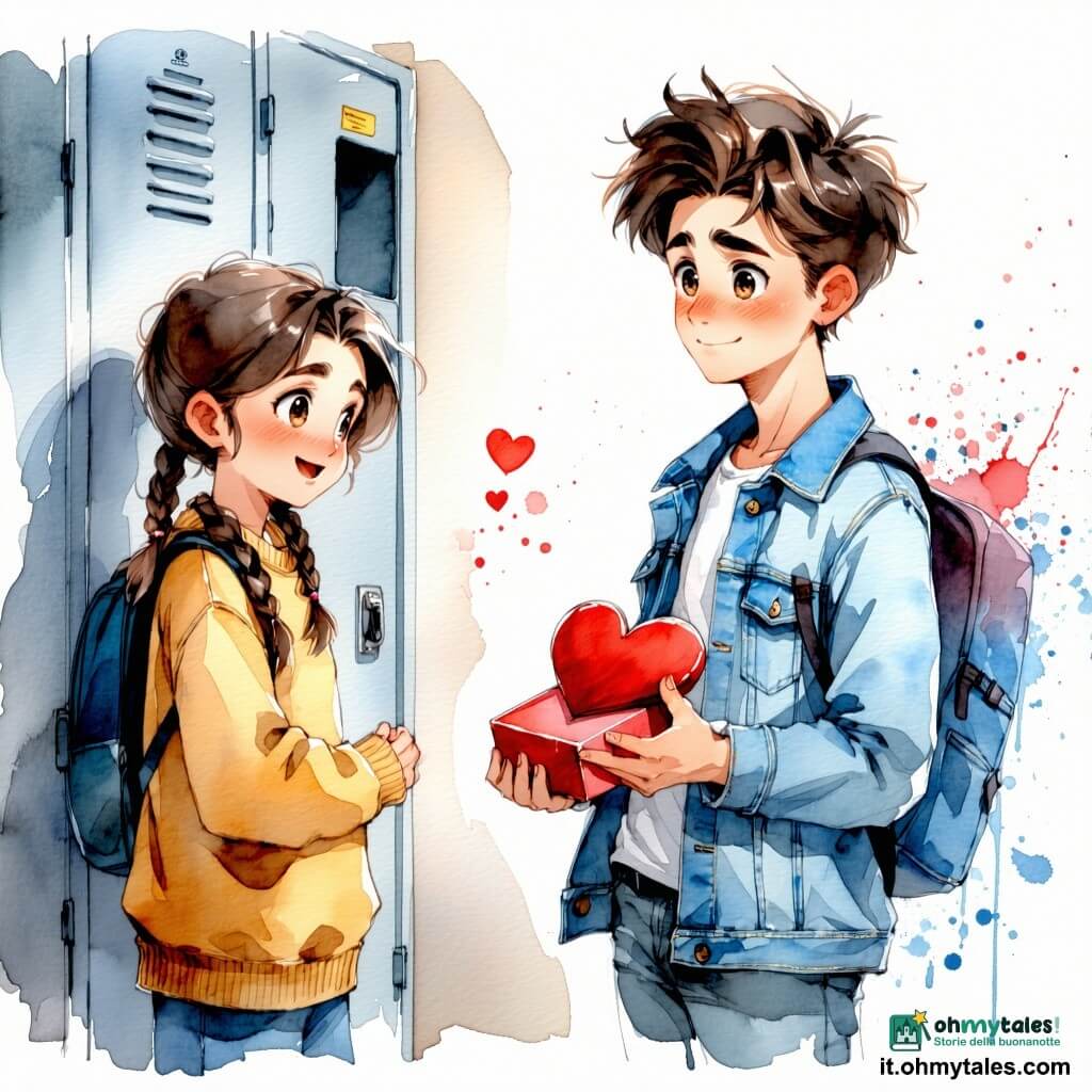 Ragazzo di 12 anni, Nico, espressione sorpresa e timida, occhi grandi, capelli castani spettinati, giacca di jeans azzurro, stringe contro il petto un piccolo cartoncino rosso a forma di cuore; ragazza di 12 anni, Marta, sorriso complice, trecce castane, maglione giallo senape, appoggiata a un armadietto a sinistra di Nico, guarda il cartoncino con la mano alzata come per sussurrare; due ragazzi di circa 13 anni vendono una scatola di rose di carta rosse e rosa, una rosa è caduta vicino ai piedi di Nico; corridoio scolastico luminoso con file di armadietti verde pallido, poster a forma di cuore, pavimento piastrellato beige, atmosfera intima e curiosa, decorazioni per San Valentino, luci morbide, colori caldi rossi e rosa con tocchi di blu e giallo, stile acquerello delicato con leggere schizzi attorno ai cuori.