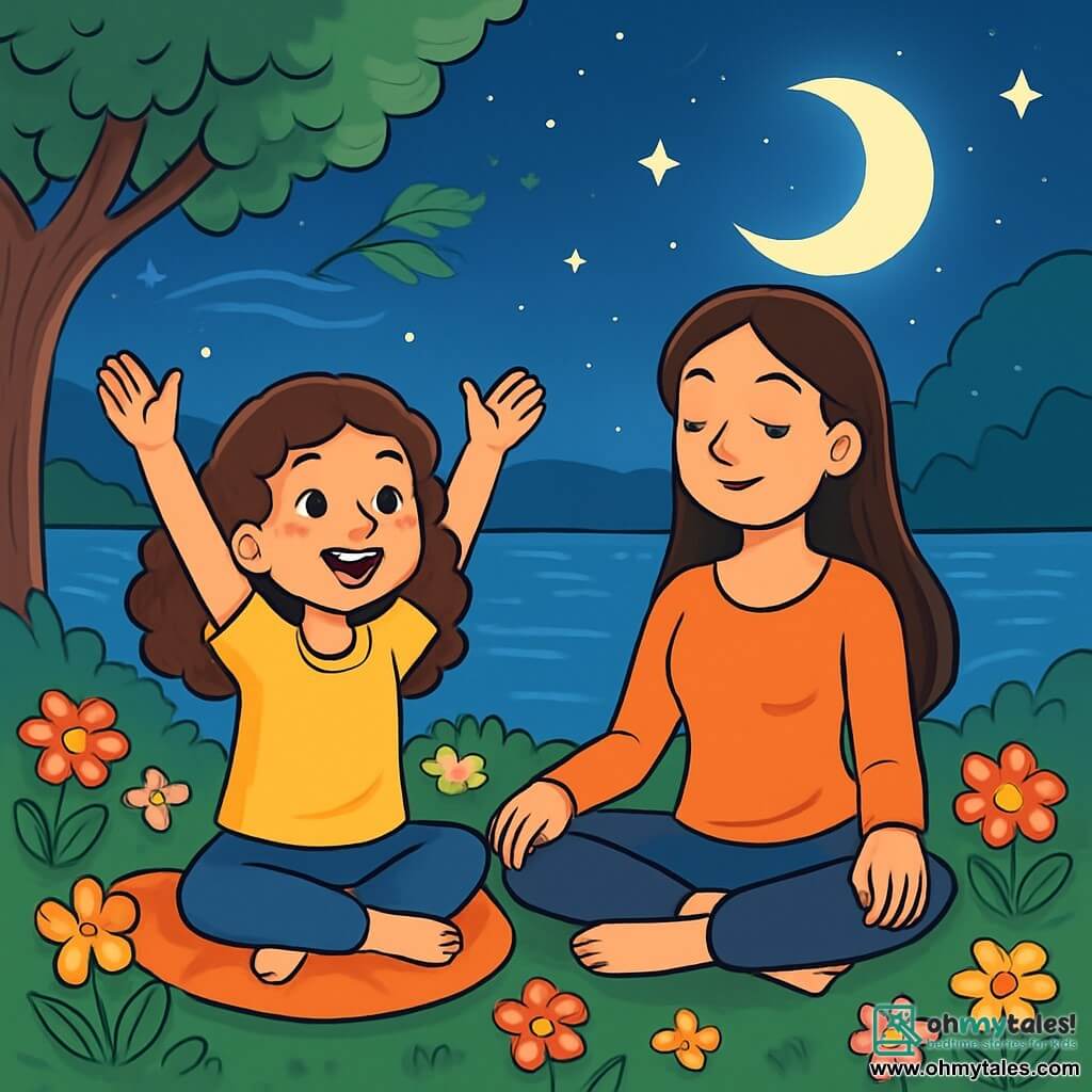 A 10-year-old girl with curly brown hair and sparkling curious eyes is sitting on a plush cushion, surrounded by colorful flowers. She has a gentle and serene smile, her cheeks slightly flushed, as she takes a deep breath with her arms raised towards the sky. Next to her, her mother, a woman around 35 years old with long, smooth hair, is sitting cross-legged with her eyes closed and a calm smile on her face, guiding her daughter in a relaxation session. The setting is a magical garden by a sparkling lake, illuminated by the moon's silver light. Stars twinkle in the night sky, and a gentle breeze makes the leaves dance. The main scene shows the girl following her mother's instructions, breathing deeply and embracing the tranquility of the night, surrounded by an atmosphere of peace and well-being.