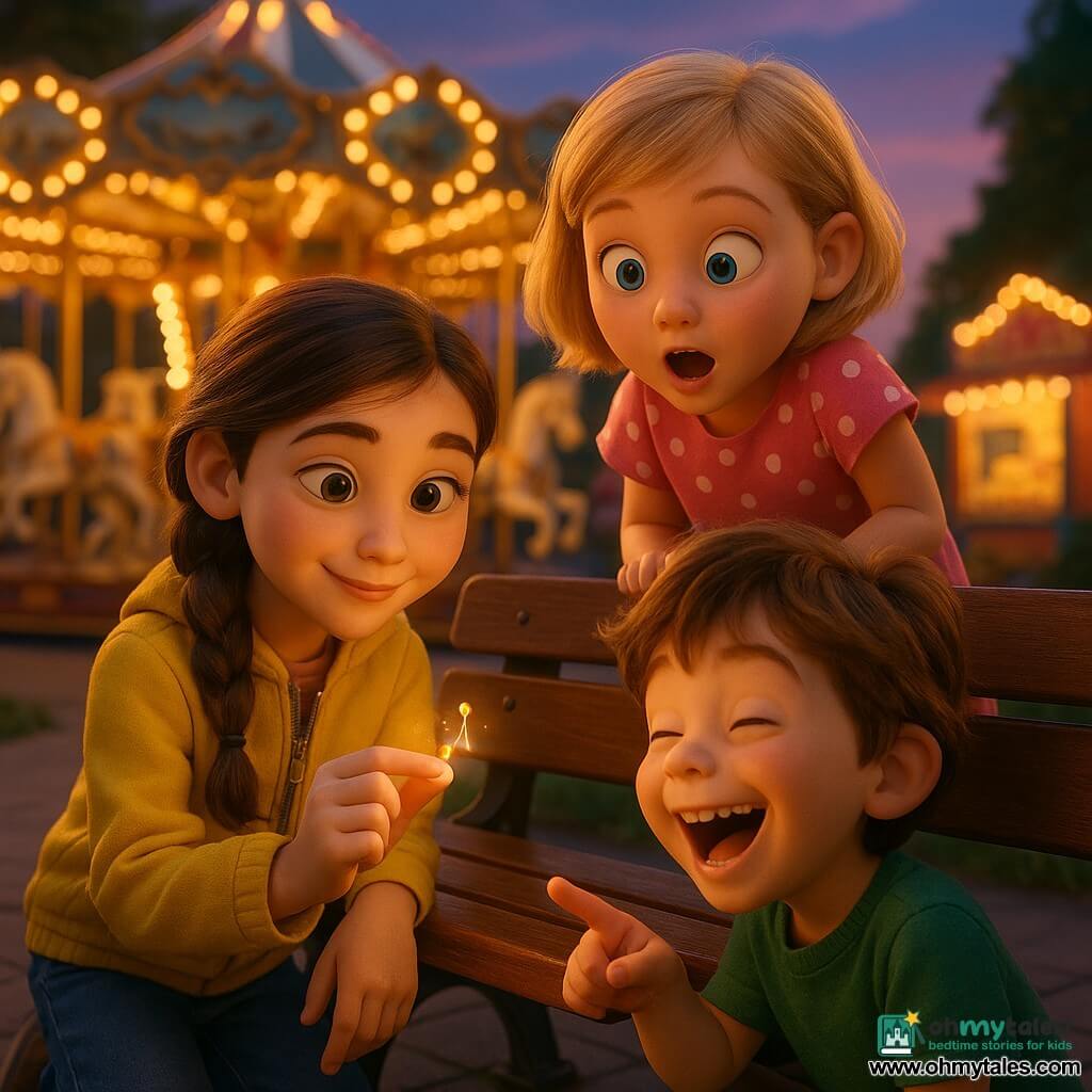 Three children in a dusk amusement park: a ~9-year-old brunette girl with a braid, bright yellow jacket and jeans kneeling by a wooden bench at center-left and holding a small golden carousel key; a ~9-year-old short-blond girl in a pink polka-dot dress leaning over the bench behind and right of her, looking surprised; and a ~6-year-old tousled brown-haired boy in a green T-shirt at right foreground pointing and laughing toward beneath the bench. A colorful carousel with white-and-gold painted horses, golden poles and warm lights stands in the background, a few varnished wooden benches and a blurred popcorn stand nearby; the children’s happy, astonished faces are softly lit by warm light that illuminates the shiny key, in a warm dynamic 3D scene with realistic textures and smooth surfaces.