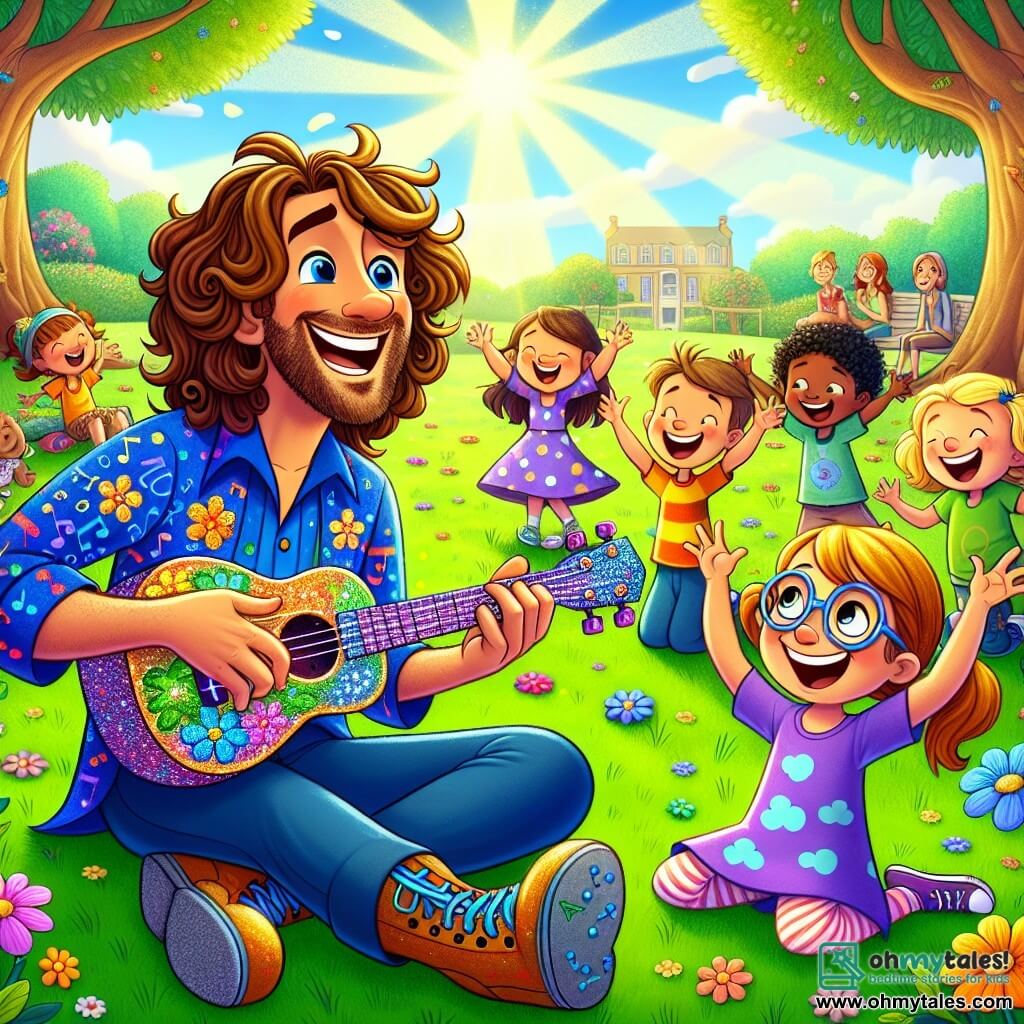 A joyful man, Mr. Chord, is sitting on a large patch of green grass in a sunny park. He has curly brown hair, wears a colorful shirt with musical patterns, and has a big smile on his face as he plays his sparkling ukulele adorned with blue flowers. Around him, a group of four enthusiastic children: a girl with pigtails in a polka-dot dress dancing and laughing; a curly-haired boy in a yellow cap clapping excitedly; a girl with round glasses holding a ukulele and trying to play; and a boy in a green t-shirt singing joyfully. They are all gathered around Mr. Chord, captivated by the music. The park is filled with colorful flowers, majestic trees, and sunlight filtering through the leaves, creating a magical and joyful atmosphere. Families gather in the background, smiling and listening to the music. The main scene shows Mr. Chord teaching the children how to play the ukulele while they laugh and enjoy themselves, creating a beautiful harmony of joy and music.