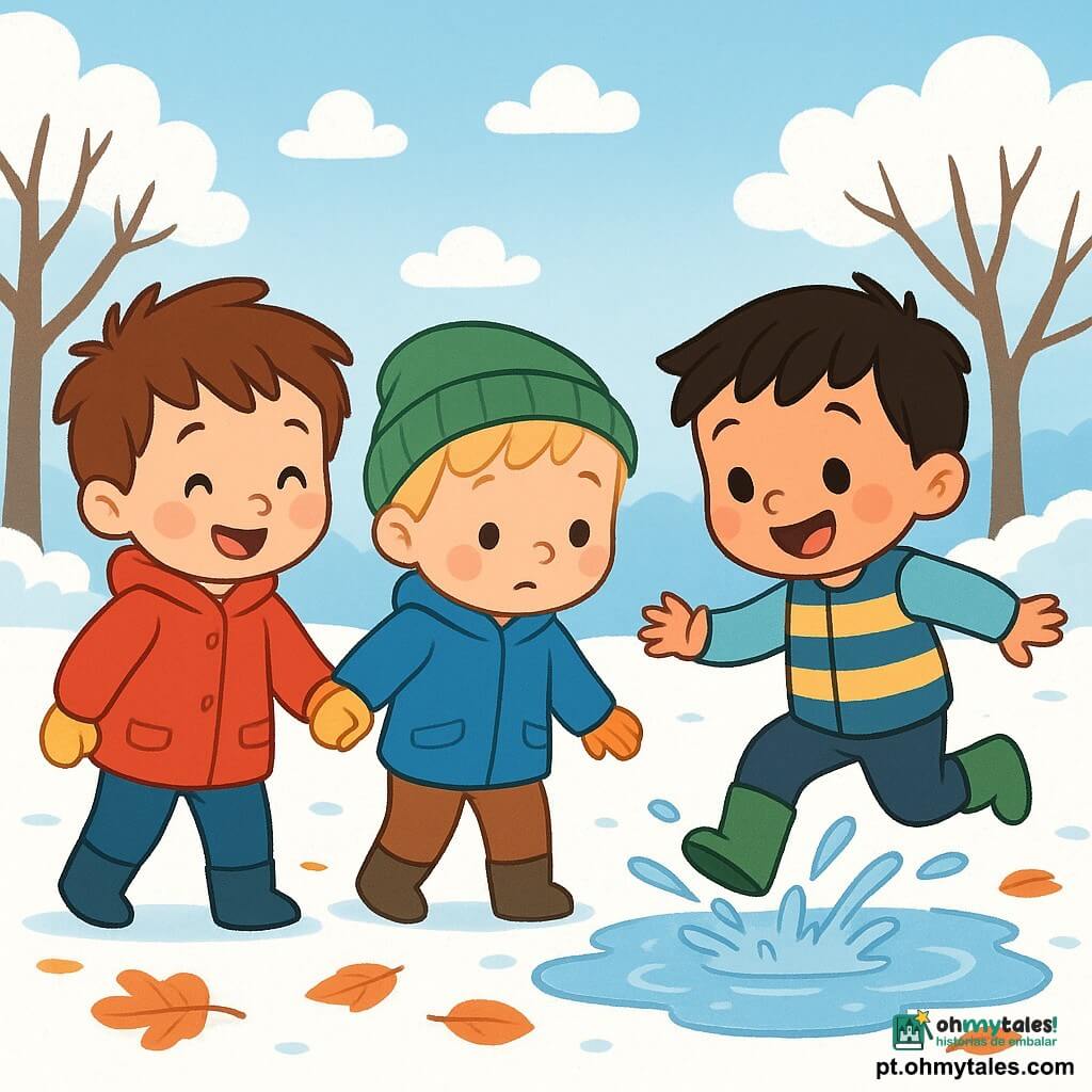 Há 3 personagens: - Tom: um menino de quase 2 anos, com cabelo castanho bagunçado, vestindo uma pequena jaqueta vermelha e luvas amarelas. Ele segura a mão de Rui e sorri alegremente. - Rui: um menino de quase 2 anos, com cabelo loiro e bochechas redondas, vestido com um casaco azul e um gorro verde. Ele olha para o chão, fascinado por uma poça de água. - João: um menino de quase 2 anos, com cabelo preto e um rosto curioso, vestindo um colete listrado e botas de borracha. Ele pula em uma poça, espirrando água ao seu redor. O local é um parque de inverno, com árvores desnudadas cobertas de neve cintilante. O chão está coberto de folhas secas e flocos de neve, criando um tapete suave e macio. O céu é de um azul claro, salpicado de nuvens brancas fofas. A cena principal mostra os três meninos brincando juntos, rindo e se divertindo na neve. Tom segura a mão de Rui, enquanto João pula em uma poça, espirrando água ao redor deles. As risadas ecoam no ar fresco, e a atmosfera é alegre e cheia de vida.