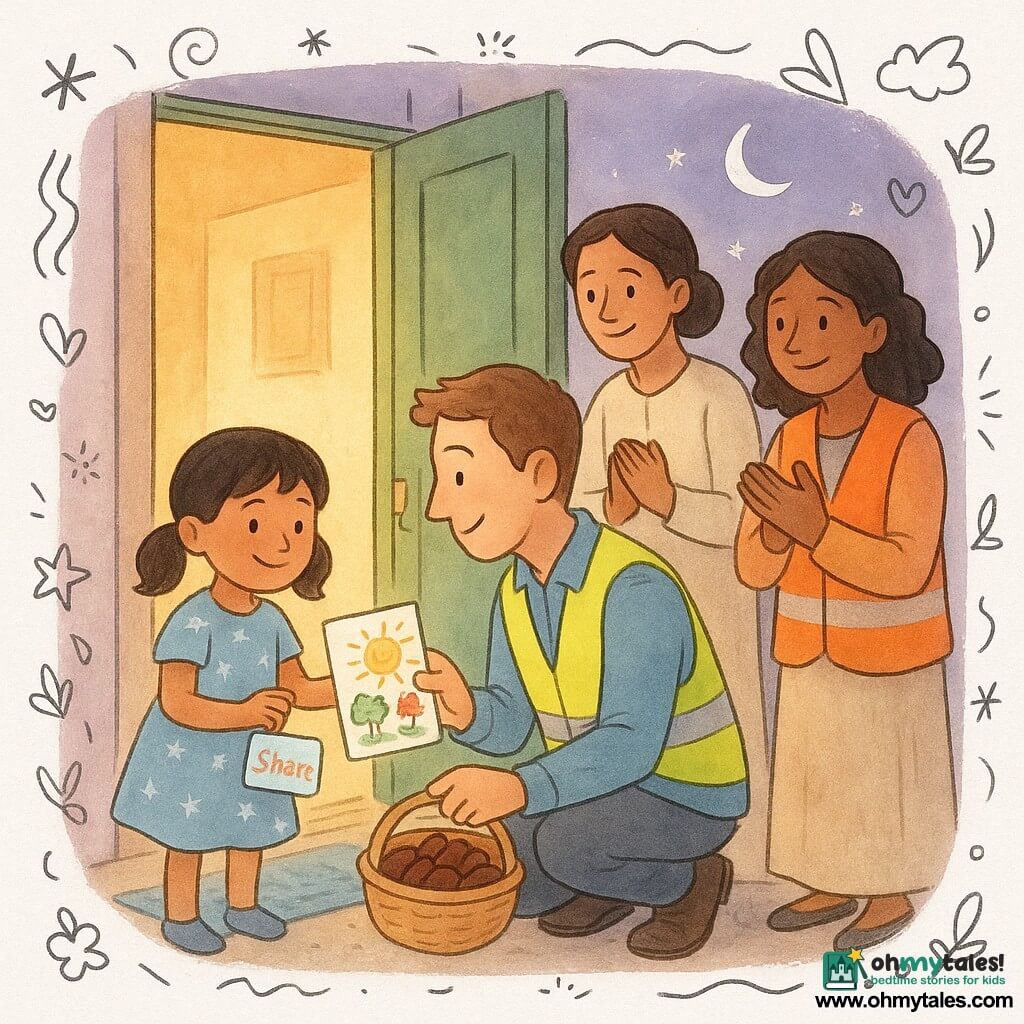 A smiling, slightly shy 6-year-old girl, Yasmina, with black pigtails in a sky-blue star-patterned dress, holds out a colorful drawing and a small pastel "Share" card to visitors; a volunteer man (30–40, fair-skinned) in a fluorescent yellow vest leans forward smiling with a basket of dates at the door, a volunteer woman (30–40, brown-skinned) in an orange vest stands beside him clapping gently, and the mother (30–35) stands slightly back in the doorway in a cream long dress with tied-back hair, hands clasped and a warm look; the evening scene at a house threshold shows a green painted wooden door open with warm yellow interior light on their faces, a basket of dates on the doormat, colorful cards scattered on a blue mat inside, a violet twilight sky with a thin silver crescent moon above rooftops, and a visual atmosphere mixing warm contrasts and soft pastel tones with round drawn lines, watercolor textures and floating doodle icons (hearts, stars, dates); main situation: a moment of sharing and gratitude — the girl offers her drawing to the volunteers, everyone smiles, open gestures, composition centered on the outstretched hands and basket of dates.