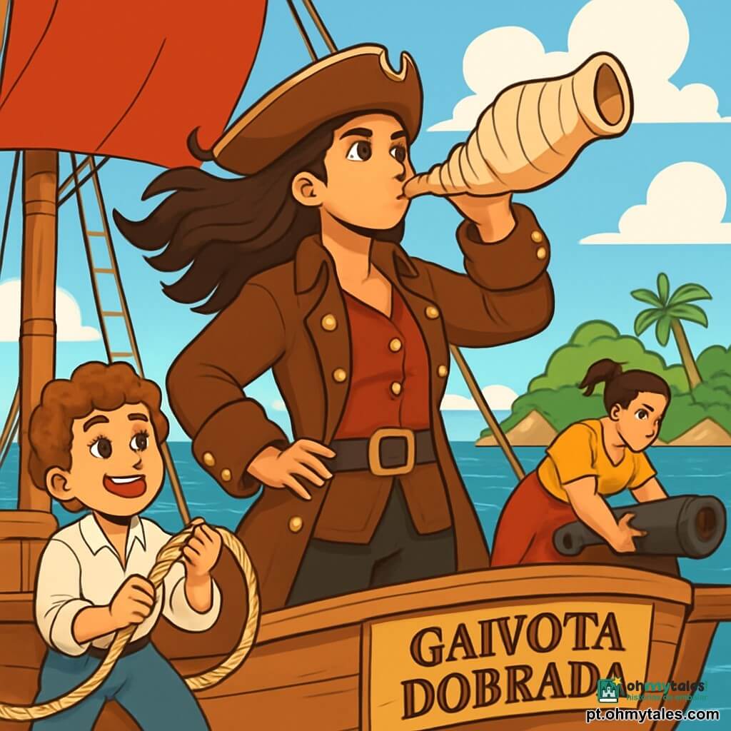 A capitã Inês, uma mulher corajosa de cerca de trinta anos, está orgulhosamente no convés de seu navio, a Gaivota Dobrada. Com cabelos longos e ondulados ao vento, ela usa um casaco de pirata de couro marrom, decorado com botões dourados brilhantes. Seu rosto expressa determinação, com olhos curiosos e um sorriso confiante. Ao seu lado, Tomé, um garoto de doze anos com cabelos cacheados e um rosto cheio de vida, ajusta uma corda com entusiasmo, vestido com uma camisa branca e calças de lona. Mais adiante, Pimenta, uma mulher robusta de trinta anos, verifica os canhões do navio, com uma expressão concentrada e cabelos presos em uma trança. O cenário é um mar calmo sob um céu azul brilhante, com nuvens flutuando preguiçosamente. Ao fundo, uma ilha verde com palmeiras e rochas íngremes. A cena principal mostra a capitã Inês soprando em uma concha, chamando o vento para direcionar seu navio em direção a uma misteriosa enseada, enquanto os membros da tripulação trabalham animadamente ao seu redor, ansiosos pela aventura que os espera.