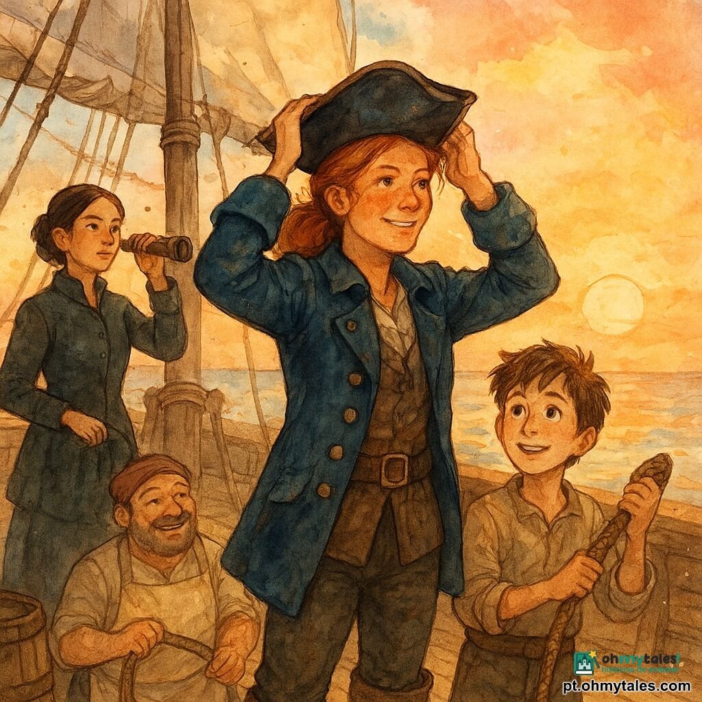 Uma capitã de cerca de 35 anos, rosto avermelhado pelo sal e sol, sorriso orgulhoso e olhar terno, veste jaqueta marinheira azul gasta, botas de couro castanho e segura um tricorne que prende ao mastro principal, em pé no convés com postura confiante; ao seu lado direito à frente, Nico, um rapaz de 12 anos de cabelos castanhos desgrenhados e olhos brilhantes de admiração, segura uma corda; à esquerda, Maia, mulher de 30 anos de cabelo preto preso e rosto sério mas sereno, está sobre uma caixa olhando o horizonte com uma luneta; ao fundo, Barba-Pequena, cozinheiro de cerca de 45 anos, robusto com pequeno cavanhaque e avental manchado, ri segurando uma frigideira perto de um barril; convés de madeira clara molhada, cordas grossas enroladas, polias de metal patinado, vela parcialmente recolhida e cabos formando linhas gráficas; mar calmo com reflexos alaranjados e pôr do sol rosa‑alaranjado com poucas nuvens, leves respingos em aquarela nas ondas; atmosfera triunfante e acolhedora, cores quentes e texturas de madeira e tecido em lavis, composição centrada na capitã e no tricorne olhando para o horizonte.