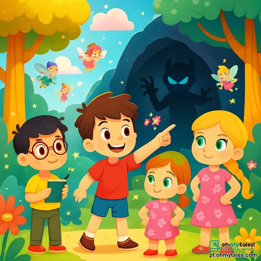 Há 4 crianças: - Lucas: um menino de 5 anos, com cabelos castanhos bagunçados e olhos curiosos. Ele usa uma camiseta vermelha e um short azul, está no centro, apontando para o horizonte com um grande sorriso. - Clara: uma menina de 5 anos, com longos cabelos loiros trançados e olhos verdes brilhantes. Ela veste um vestido rosa com flores e está à direita de Lucas, com as mãos na cintura, pronta para a aventura. - Miguel: um menino de 5 anos, com cabelos pretos e óculos redondos. Ele usa uma camiseta amarela e uma calça bege, está um pouco atrás, segurando um caderno e um lápis, como se estivesse anotando ideias. - Sofia: uma menina de 5 anos, com cabelos castanhos e duas tranças. Ela usa uma camiseta roxa e uma saia de bolinhas, está à esquerda de Lucas, levantando os braços, cheia de emoção. O cenário é o Reino das Fadas, um lugar mágico cheio de cores vibrantes, com árvores gigantes de troncos dourados e flores luminosas. O céu azul claro tem nuvens em forma de doces, e uma luz dourada ilumina a paisagem. A cena mostra as crianças de mãos dadas, cercadas por fadas cintilantes e criaturas encantadas, prontas para enfrentar o vilão Sombrio em uma caverna escura, onde sombras dançam ao redor. Elas têm expressões de determinação e amizade, prontas para salvar o cristal da luz.