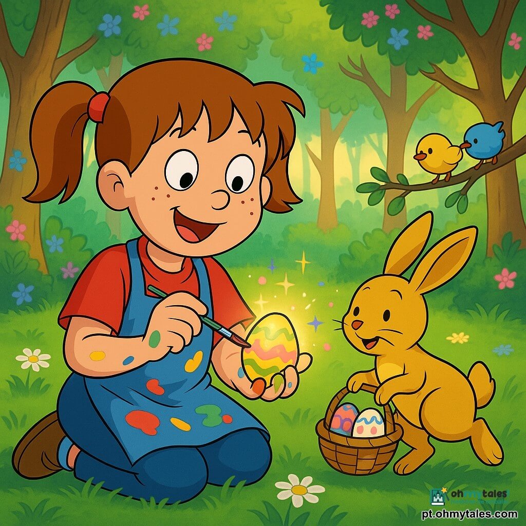 Uma menina de 10 anos, rosto redondo com sardas, cabelo castanho em duas tranças, olhos grandes e sorriso luminoso, sentada pintando um ovo de Páscoa com um pincel pequeno; tinta colorida nos dedos e no avental. Ao lado, um coelhinho dourado estilizado (Zequinha), pelo brilhante e orelhas longas, em postura saltitante com um cesto de ovos decorados sobre a relva. Dois pintinhos coloridos picam perto de um ninho numa rama baixa à direita. Cena num bosque encantado de primavera, árvores altas floridas e claro com relva verde, luz dourada suave; o ovo pintado emite um leve brilho dourado e faíscas coloridas flutuam, criando uma atmosfera calorosa, alegre e surpreendente.