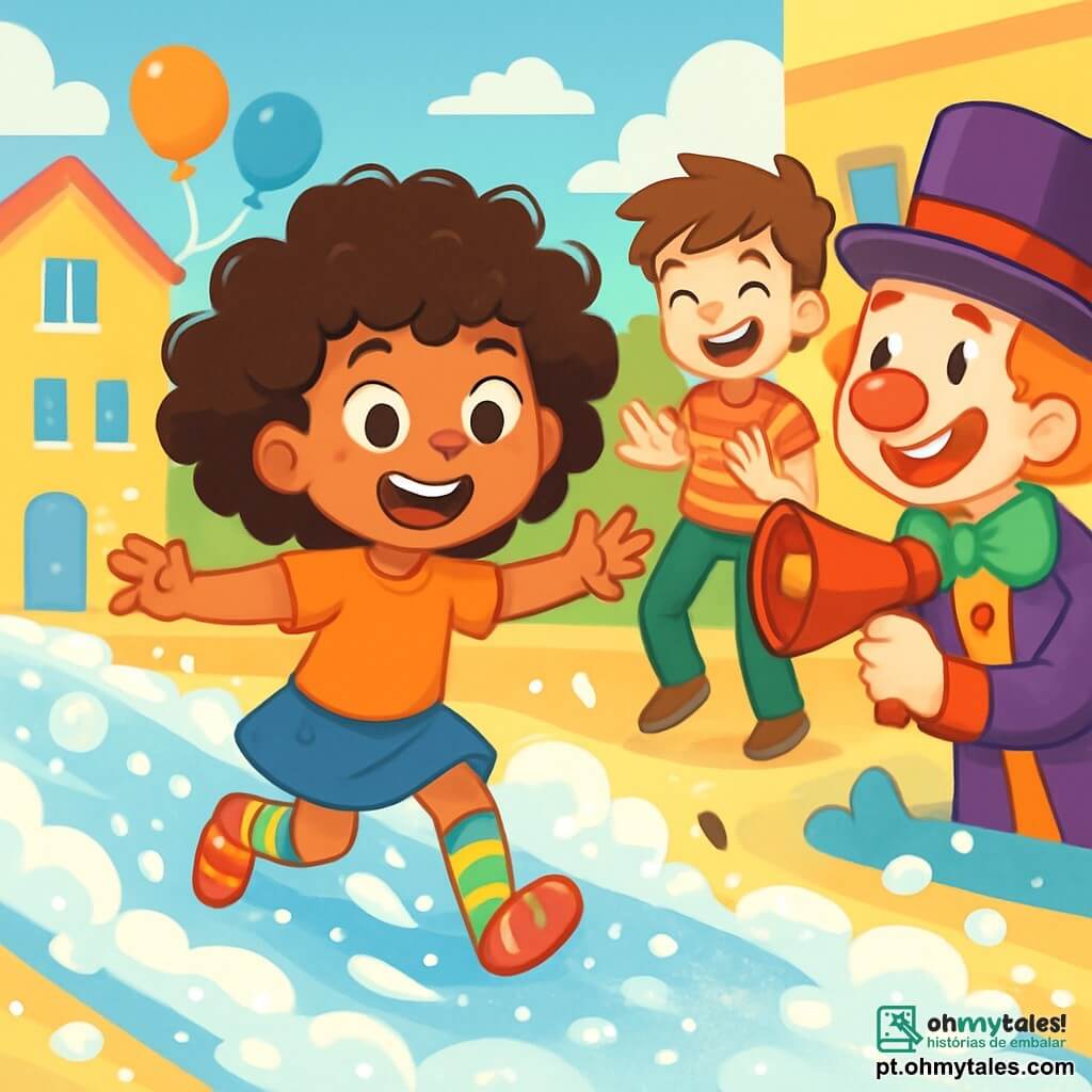 Uma menina de 8 anos, com cabelos cacheados e despenteados como uma bolinha de algodão, usa meias coloridas, uma de bolinhas e outra listrada. Ela tem um grande sorriso alegre e olhos brilhantes de excitação, deslizando em uma pista de sabão, com os braços abertos para manter o equilíbrio. Ao lado dela, um menino de 9 anos, com cabelos castanhos bagunçados e uma camiseta listrada, ri alto enquanto tenta não cair. Ele faz gestos exagerados, como se estivesse dançando, e está logo atrás dela, pronto para se juntar à deslizada. O cenário é uma grande praça ensolarada, cercada por prédios coloridos e balões flutuantes, com um chão coberto de espuma de sabão cintilante que reflete a luz do sol. A situação principal mostra a menina deslizando alegremente na pista de sabão, cercada por risadas de crianças, enquanto um palhaço divertido, com um chapéu roxo, observa a cena com um grande sorriso, segurando um megafone.